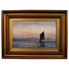 c. 1880-1900 English Painting in Gilt Frame, Sunset Boats at Sail