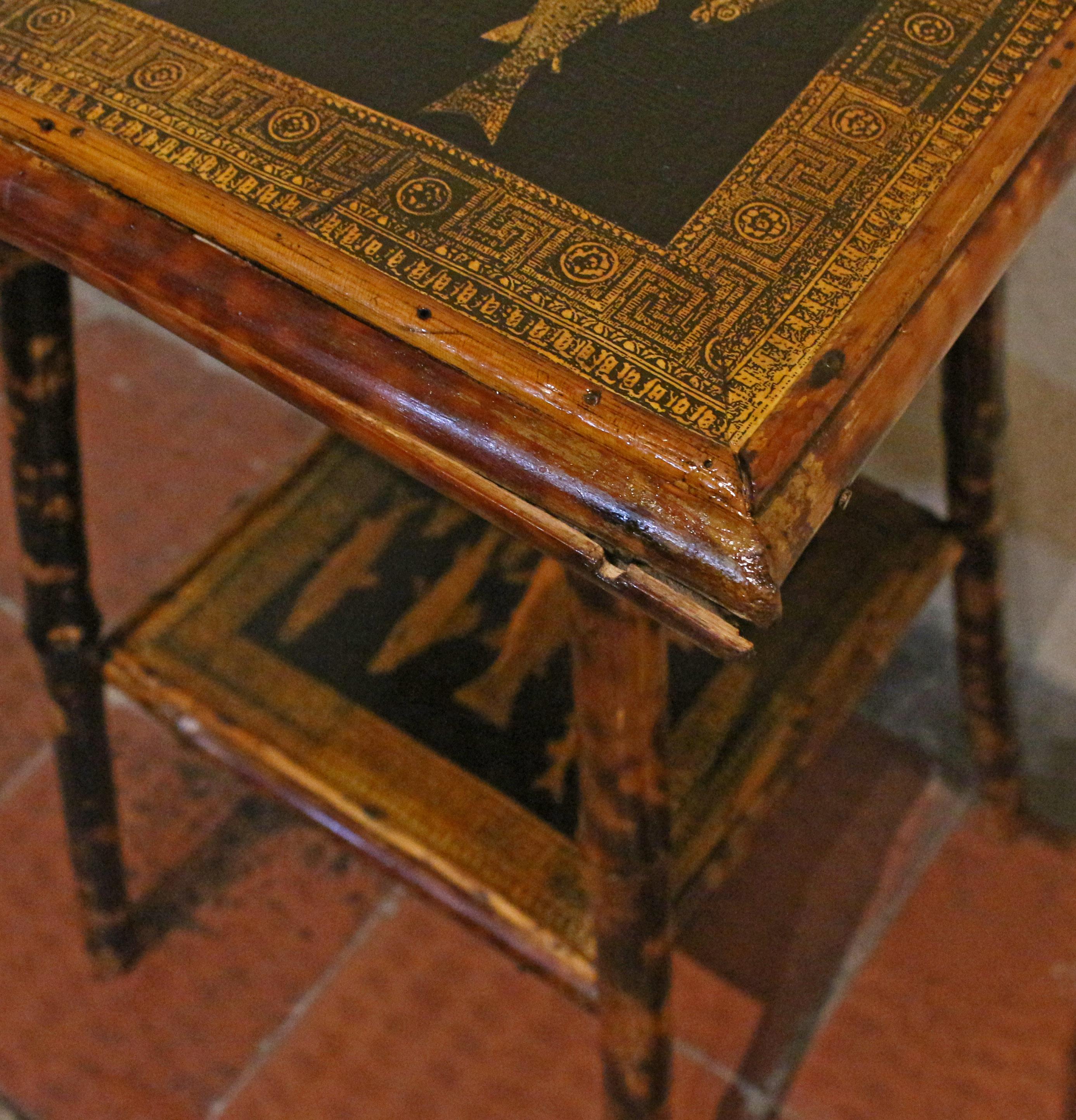 Victorian C. 1880 2- Tier Decoupage Bamboo Table With Fish Detail For Sale