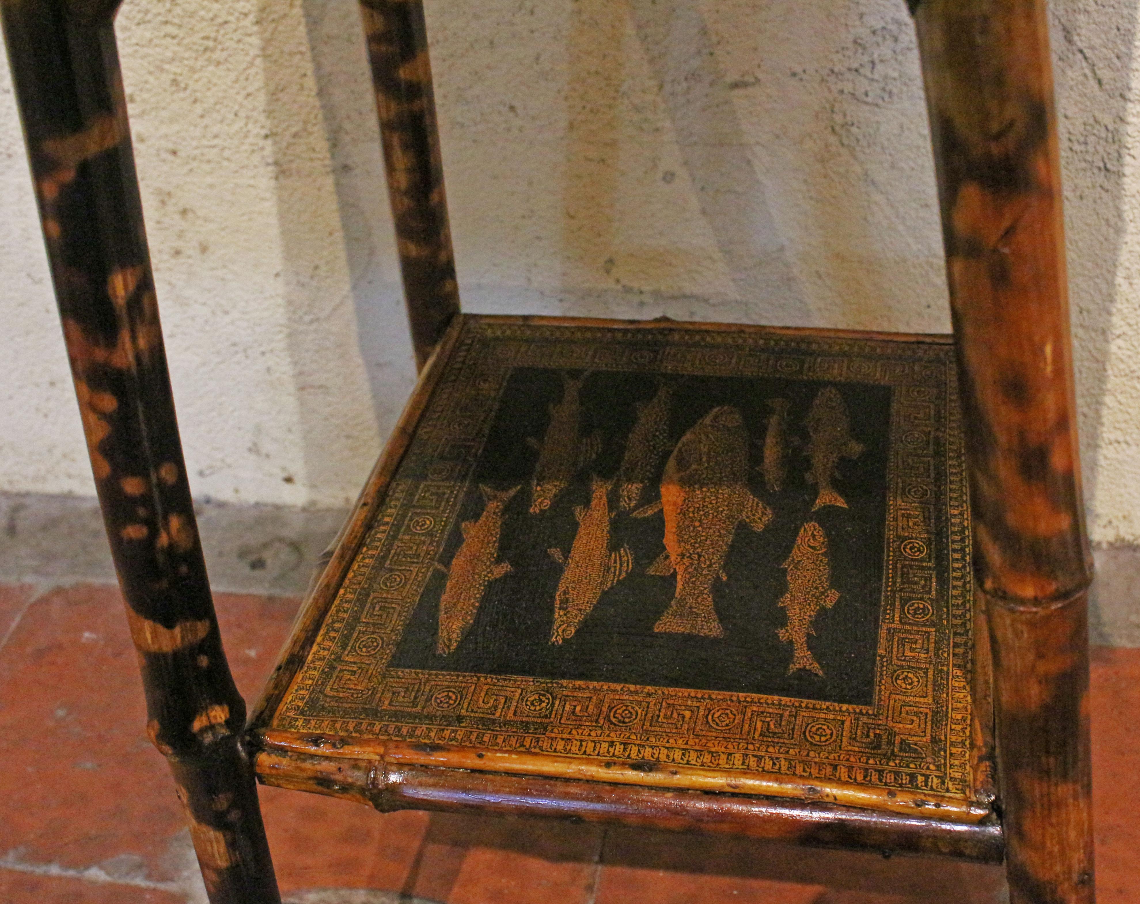 C. 1880 2- Tier Decoupage Bamboo Table With Fish Detail In Good Condition For Sale In Chapel Hill, NC