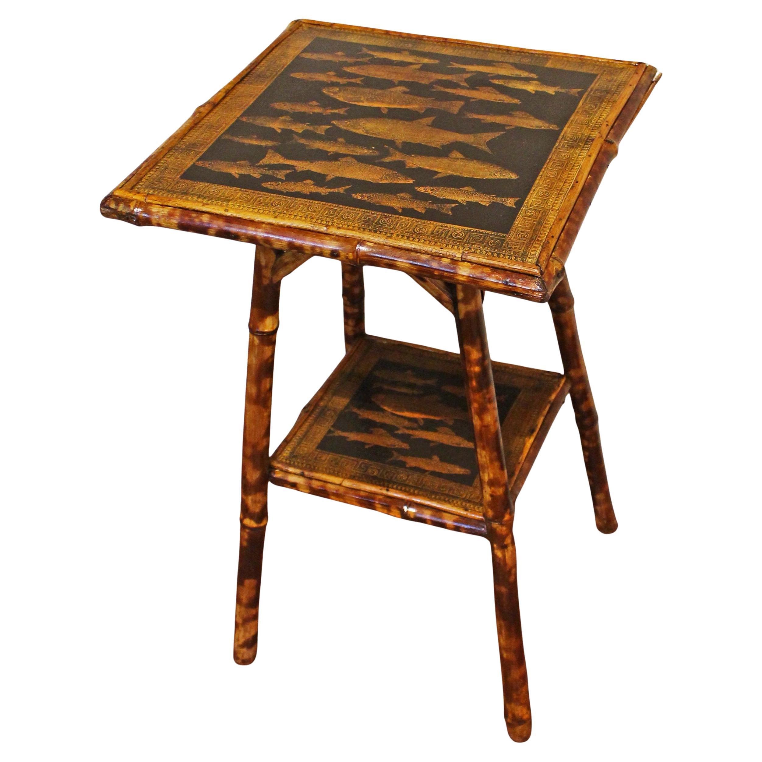 C. 1880 2- Tier Decoupage Bamboo Table With Fish Detail For Sale