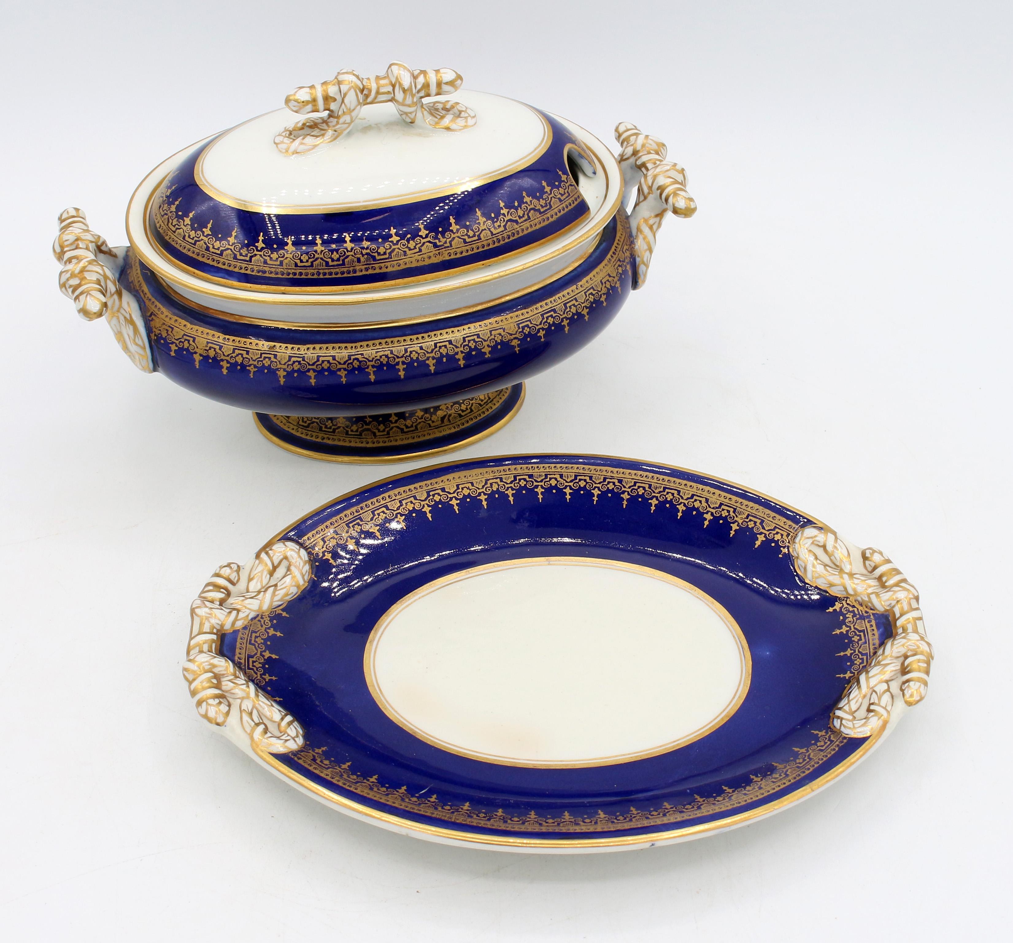 Circa 1880 Ironstone Covered Sauce Tureen with Undertray by Ashworth. Gilded 