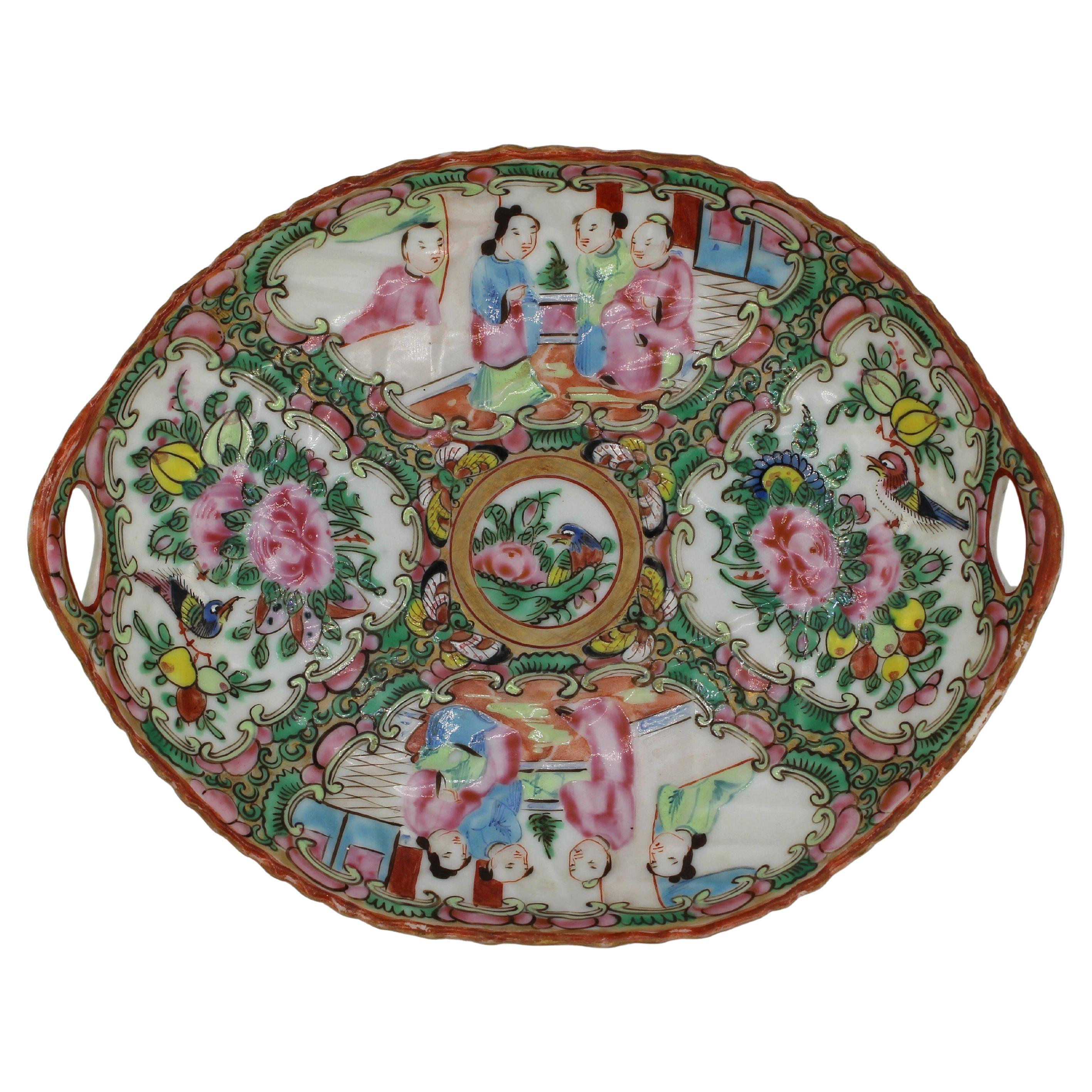 C. 1880 Chinese Export Porcelain Rose Medallion Small Oval Serving Dish