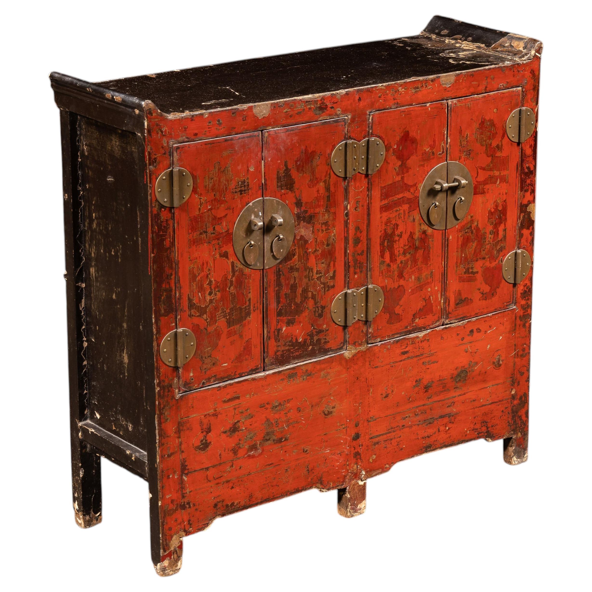c. 1880 Chinese Red Lacquer Cabinet with Hidden Compartment