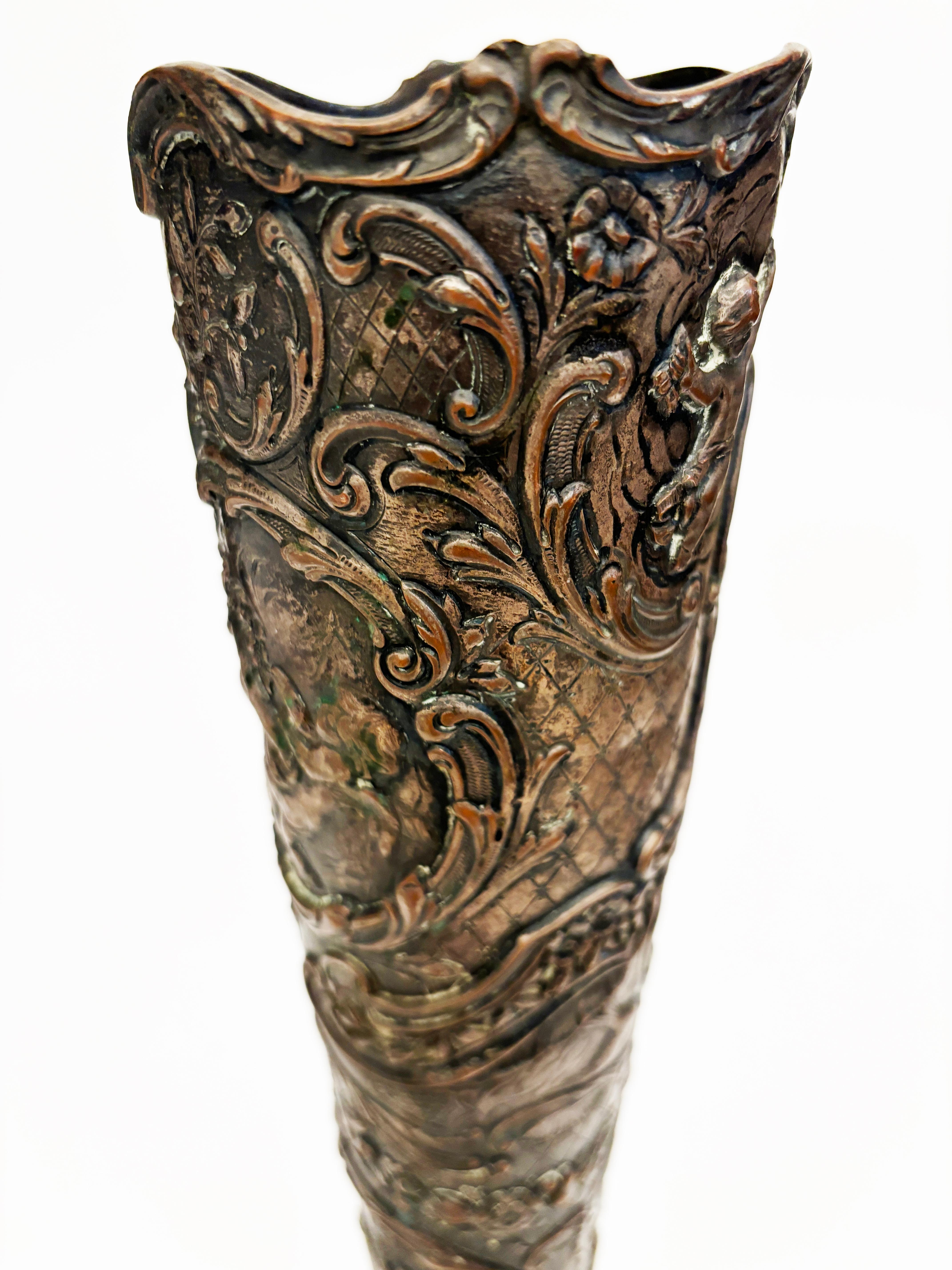 Hammered c. 1886-1900 Silver Plated Trumpet Vase with Repousse by Webster & Son, New York