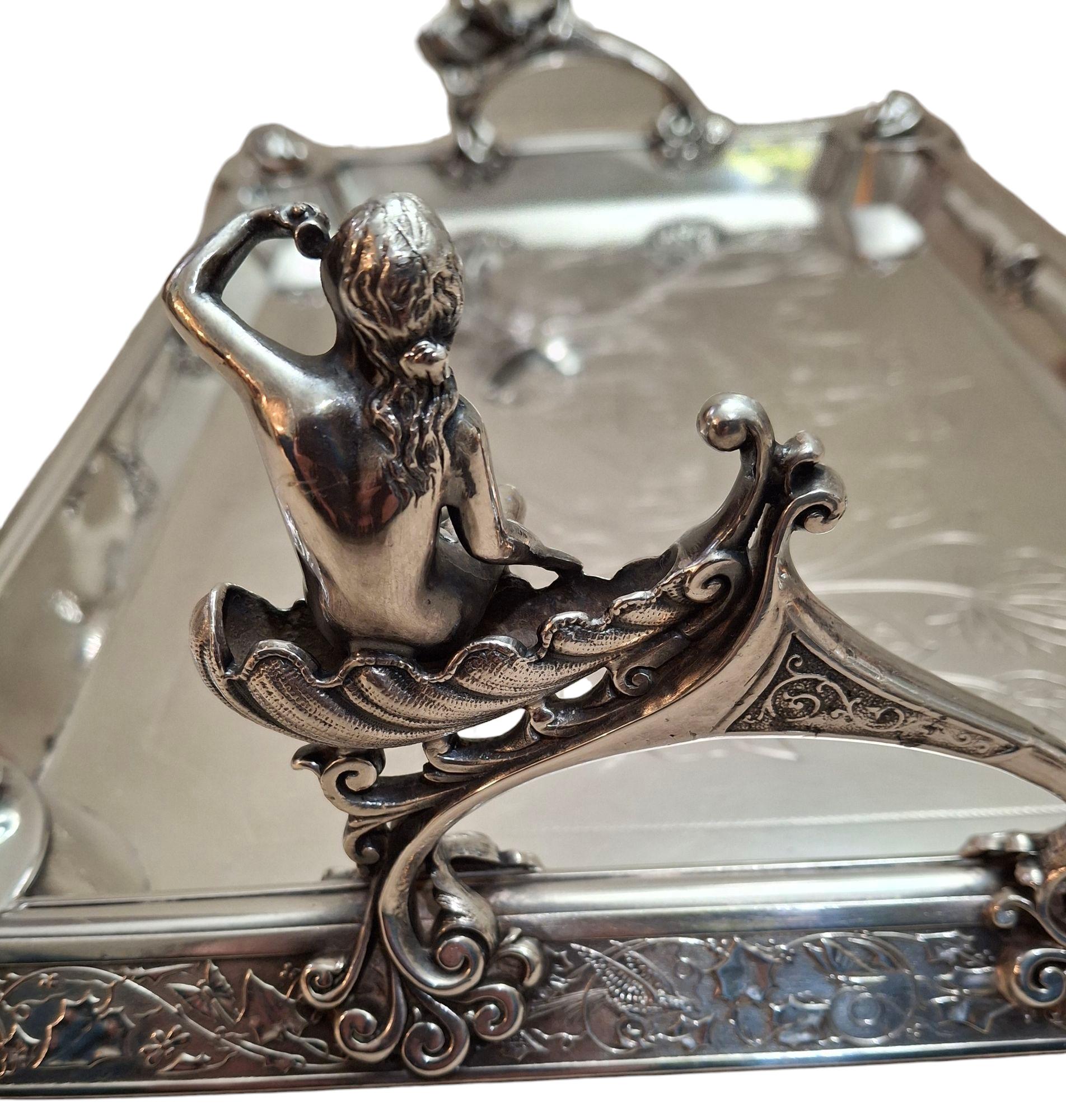 C. 1890 Middletown Silverplate Serving Tray w/ Figural Handles For Sale 3
