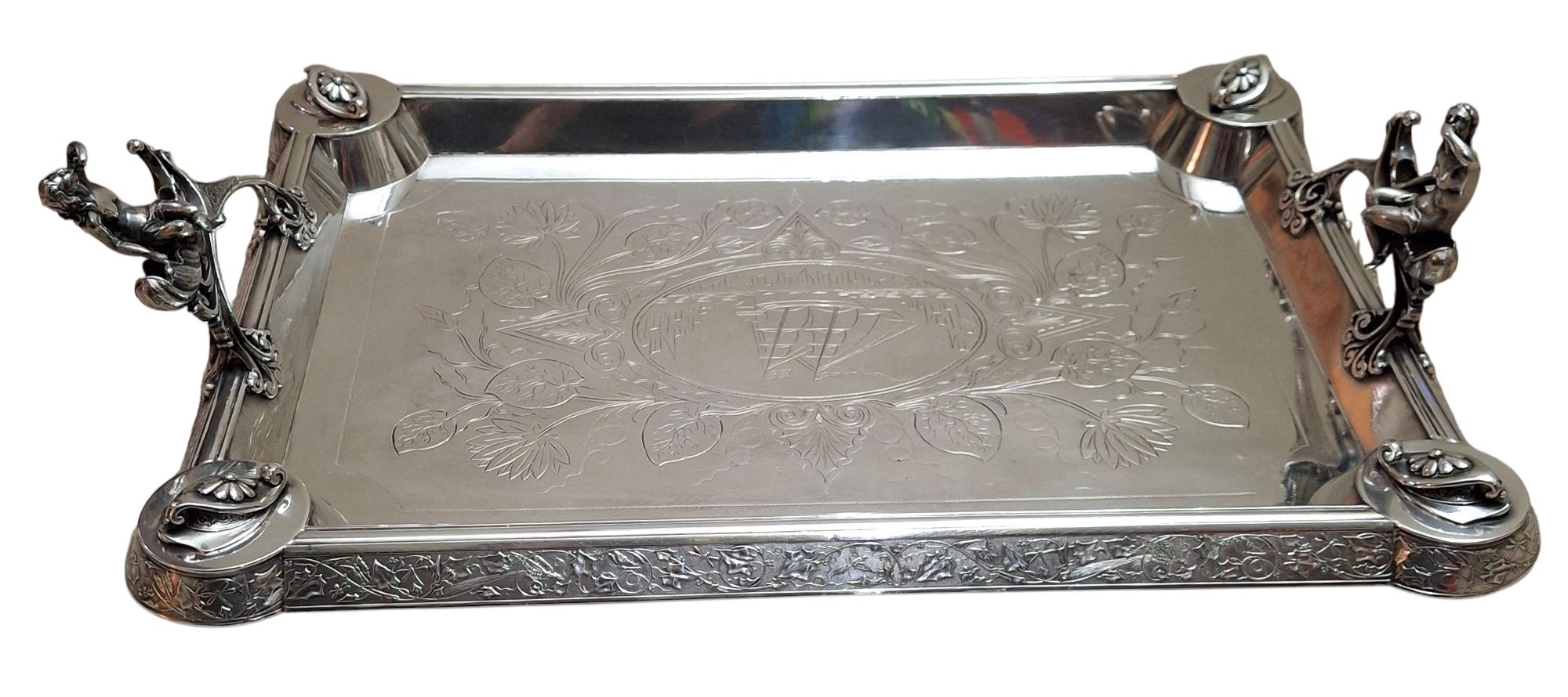 Aesthetic Movement C. 1890 Middletown Silverplate Serving Tray w/ Figural Handles For Sale
