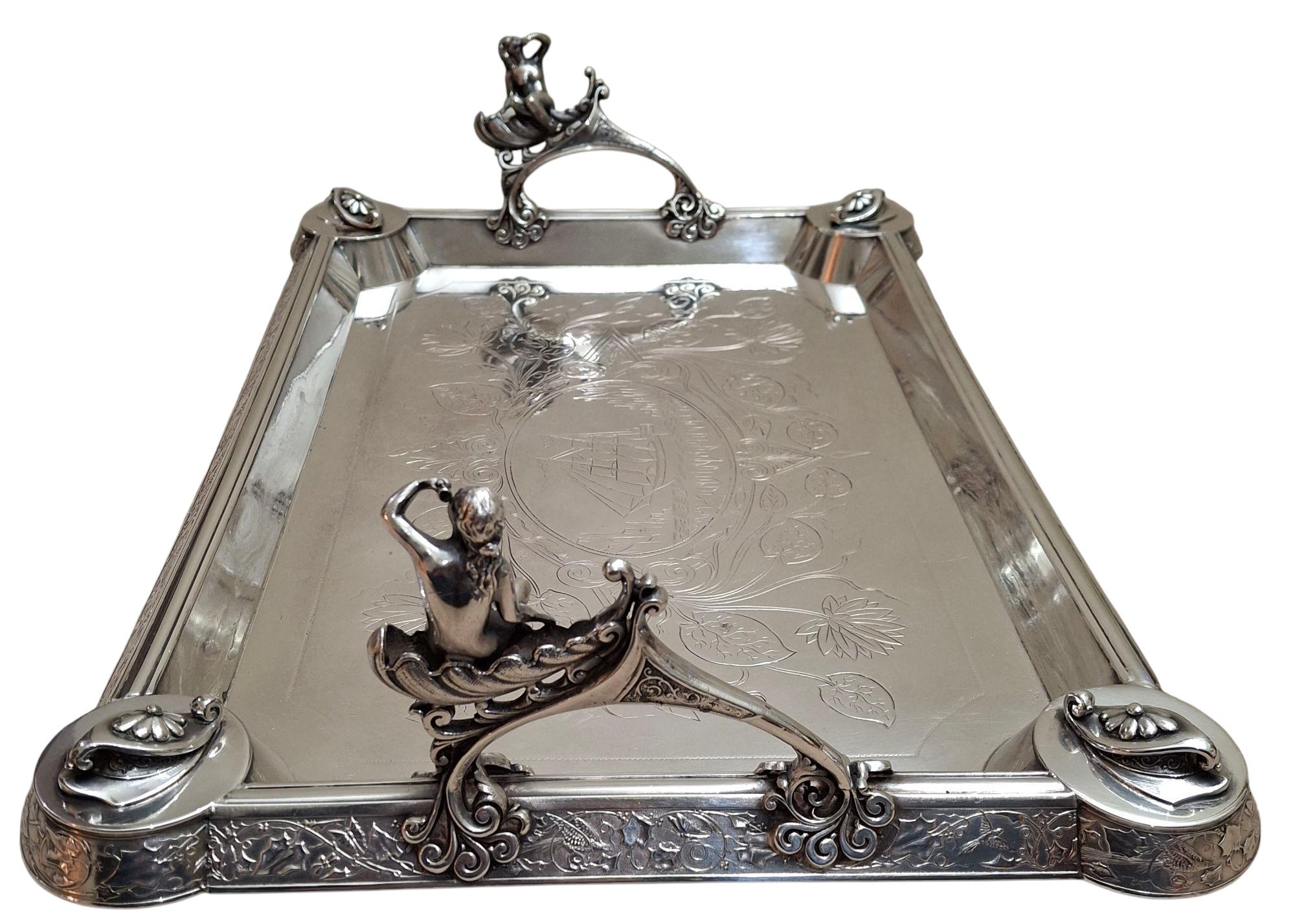 American C. 1890 Middletown Silverplate Serving Tray w/ Figural Handles For Sale