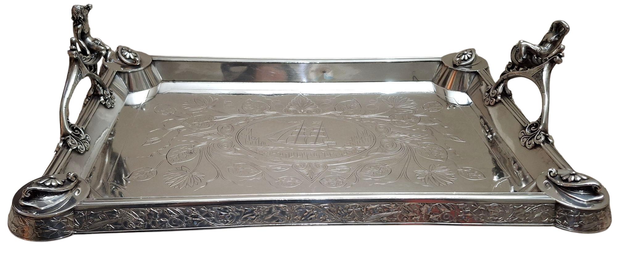 C. 1890 Middletown Silverplate Serving Tray w/ Figural Handles In Good Condition For Sale In San Francisco, CA
