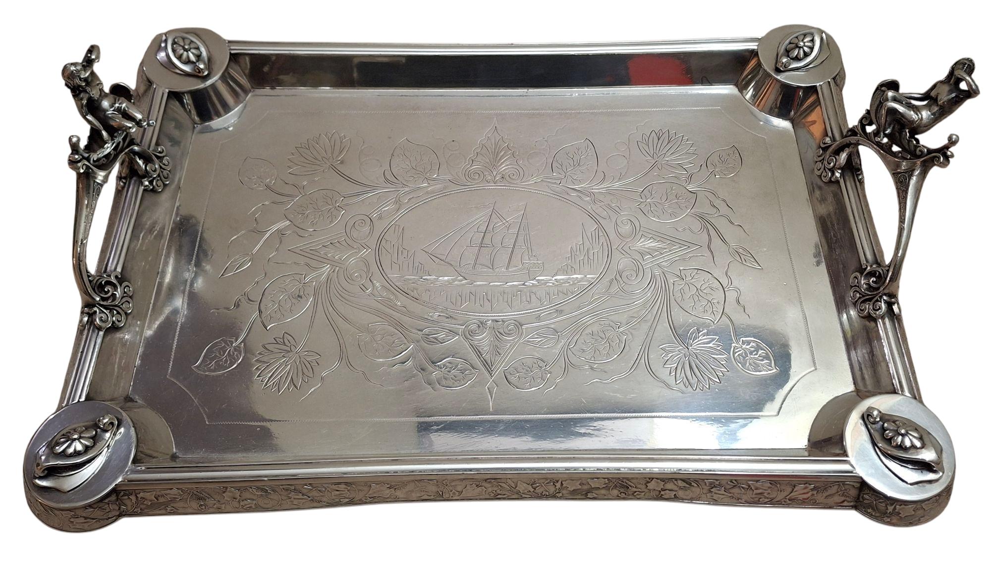 19th Century C. 1890 Middletown Silverplate Serving Tray w/ Figural Handles For Sale