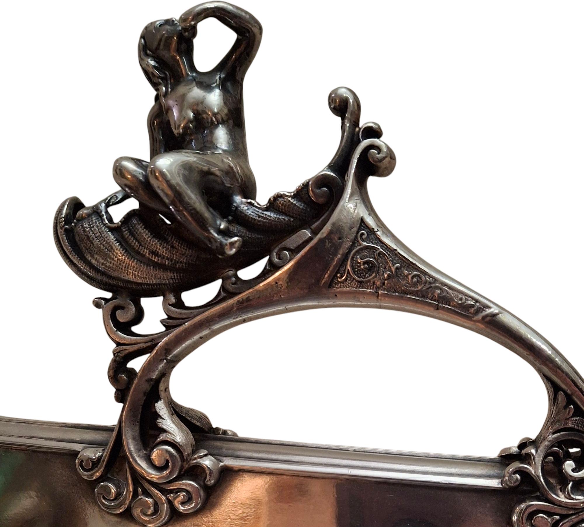 Metal C. 1890 Middletown Silverplate Serving Tray w/ Figural Handles For Sale