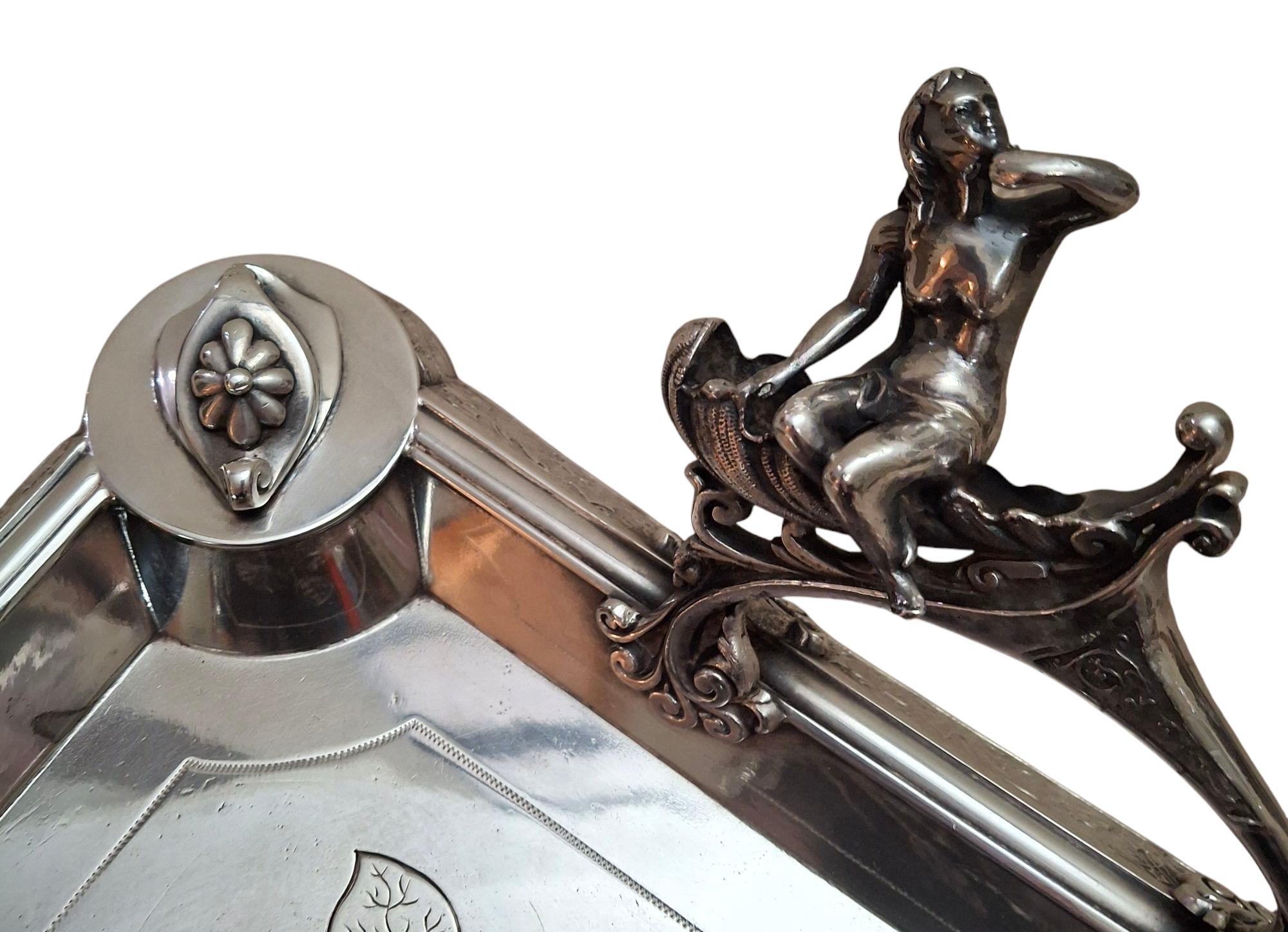 C. 1890 Middletown Silverplate Serving Tray w/ Figural Handles For Sale 1