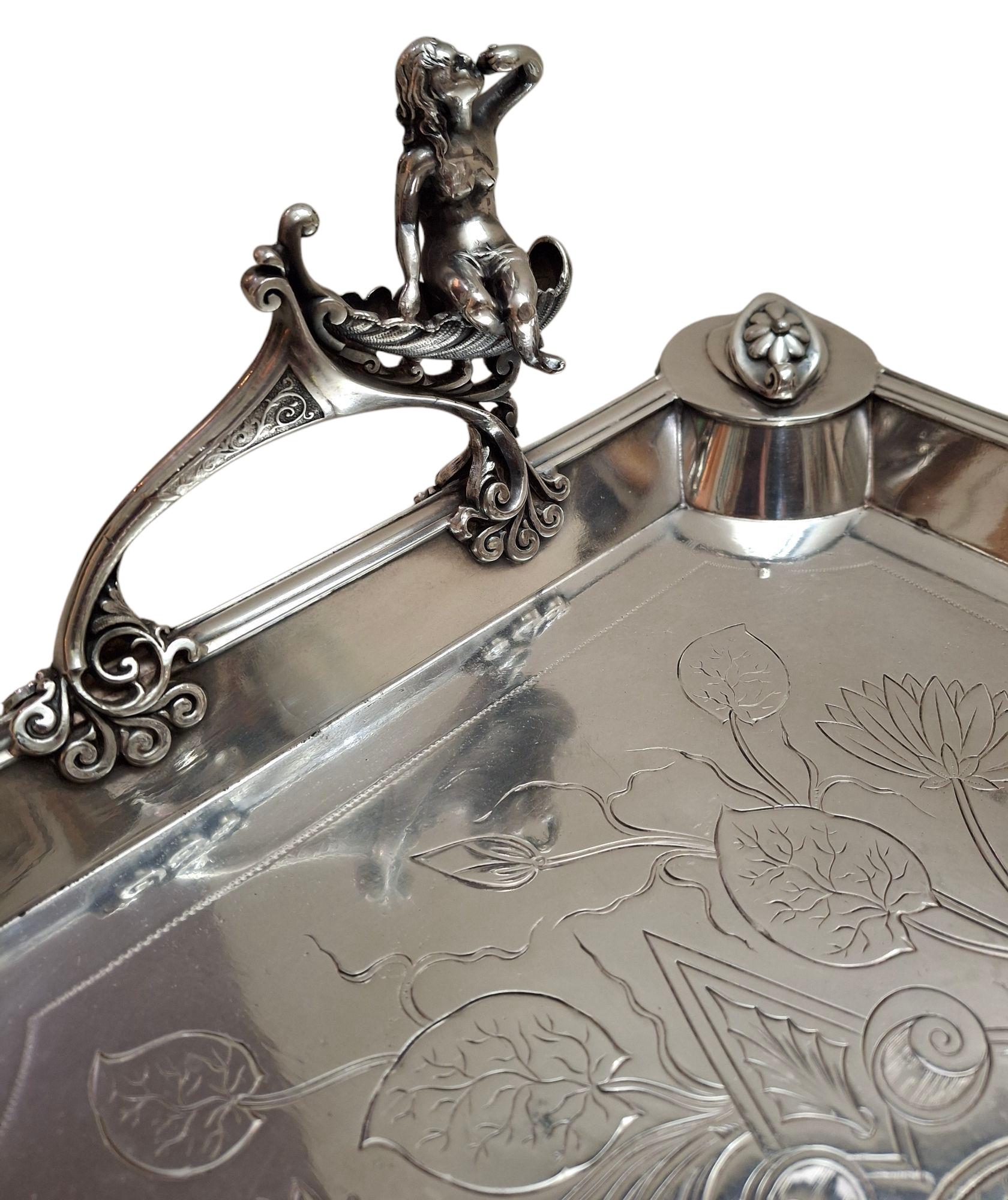 C. 1890 Middletown Silverplate Serving Tray w/ Figural Handles For Sale 2