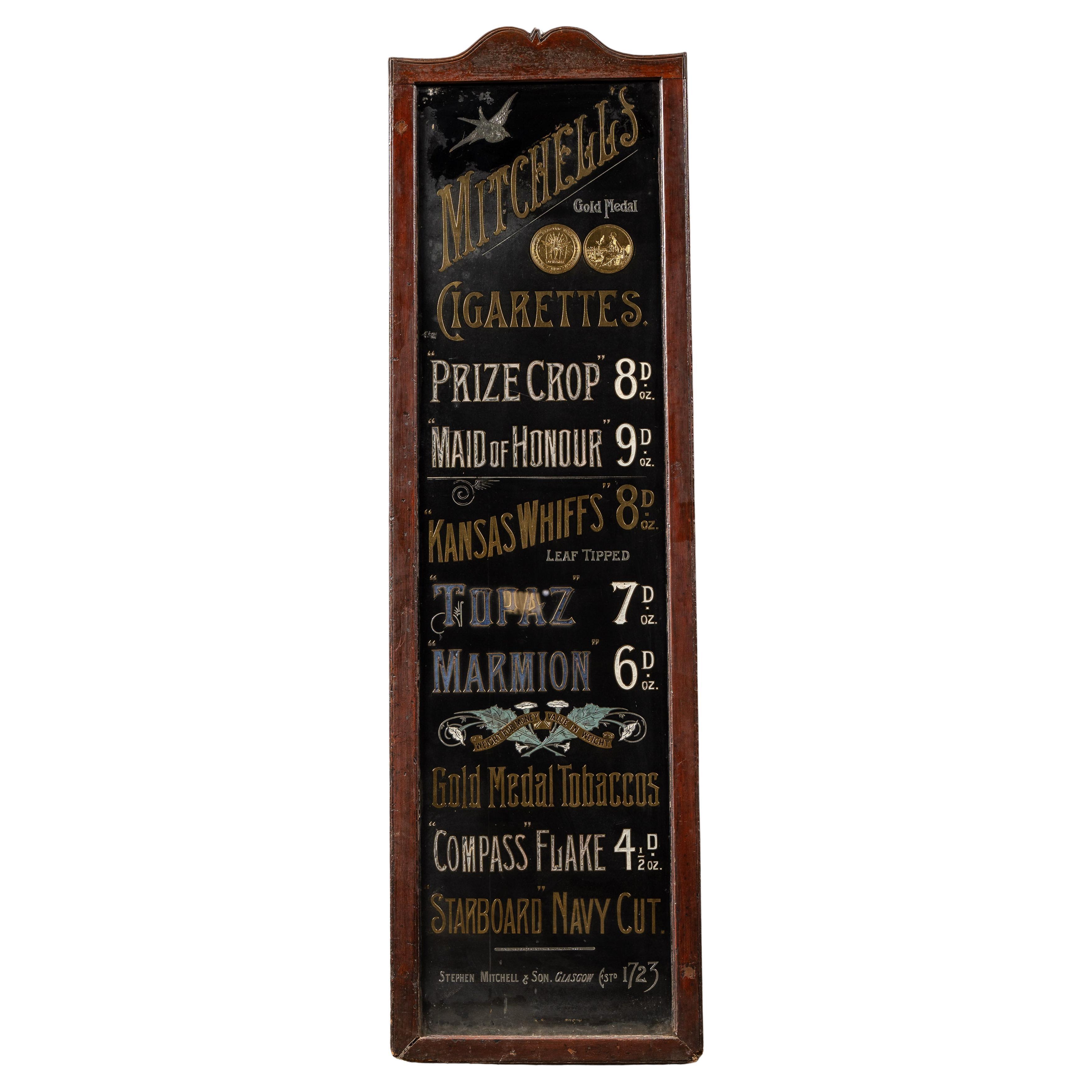 c. 1890 Reverse On Glass Gold Leaf Painted Mitchell's Cigarettes Sign For Sale