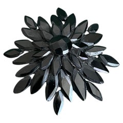 c. 1890 Victorian French Jet Black Glass Layered Dahlia Flower Brooch