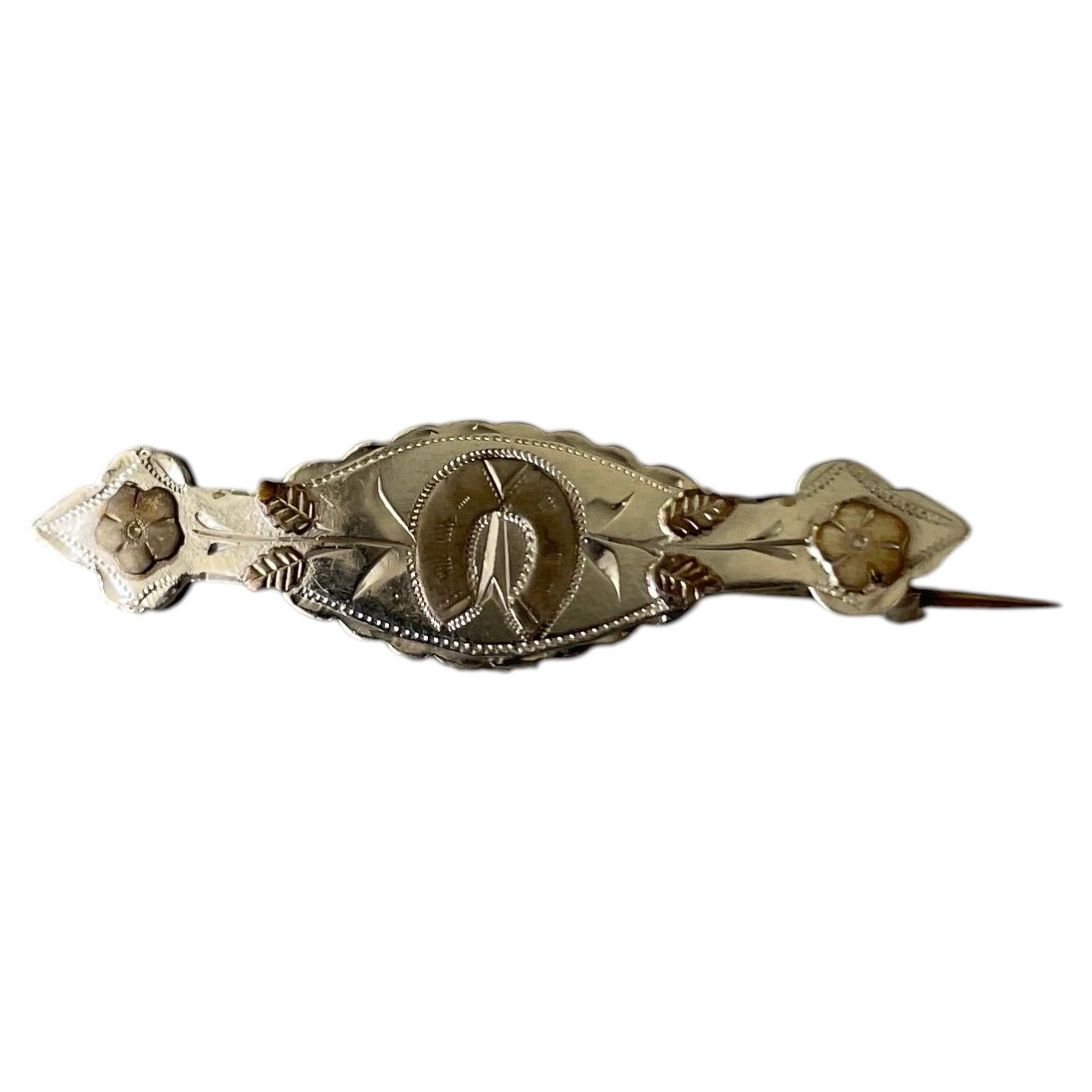 c. 1890 Victorian Sterling Silver & Gold Overlay Horseshoe Bar Brooch