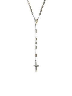 c. 1890s French Antique Mother of Pearl and Silver-Tone Rosary Description: