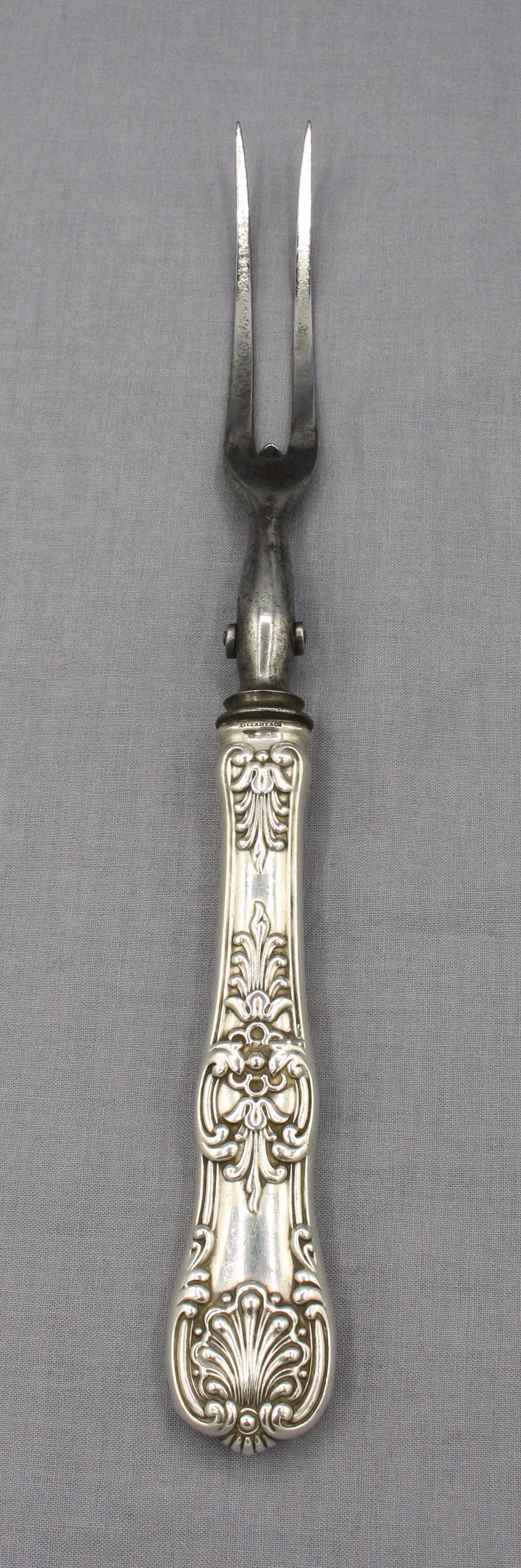 Sterling silver English King pattern carving set by Tiffany & Co., circa 1890s. Roast carving knife & fork. Original steel fittings. Marked on handles 
