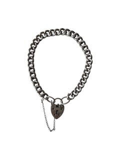 c. 1890s Victorian Sterling Silver Heart Padlock Charm Bracelet