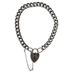 c. 1890s Victorian Sterling Silver Heart Padlock Charm Bracelet