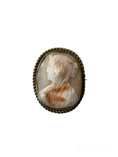 c. 1890s Victorian Veiled Maiden Shell Cameo Brooch Pin in Rope Frame