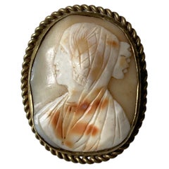 c. 1890s Victorian Veiled Maiden Shell Cameo Brooch Pin in Rope Frame