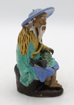 c. 1891-1911 Chinese Fisherman Mud Man Pottery Figurine