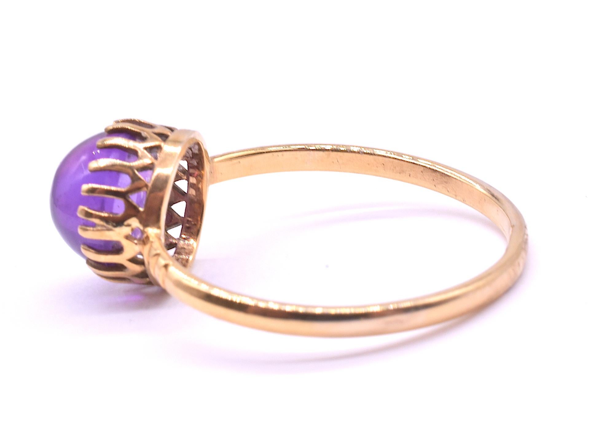 Edwardian C. 1900 15K Cabochon Amethyst Single Stone Ring For Sale