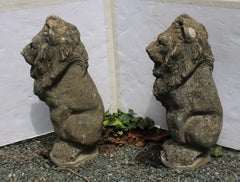 C. 1900 English Cast Stone Pair of Lion Garden Ornaments