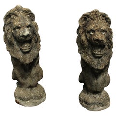 C. 1900 English Cast Stone Pair of Lion Garden Ornaments