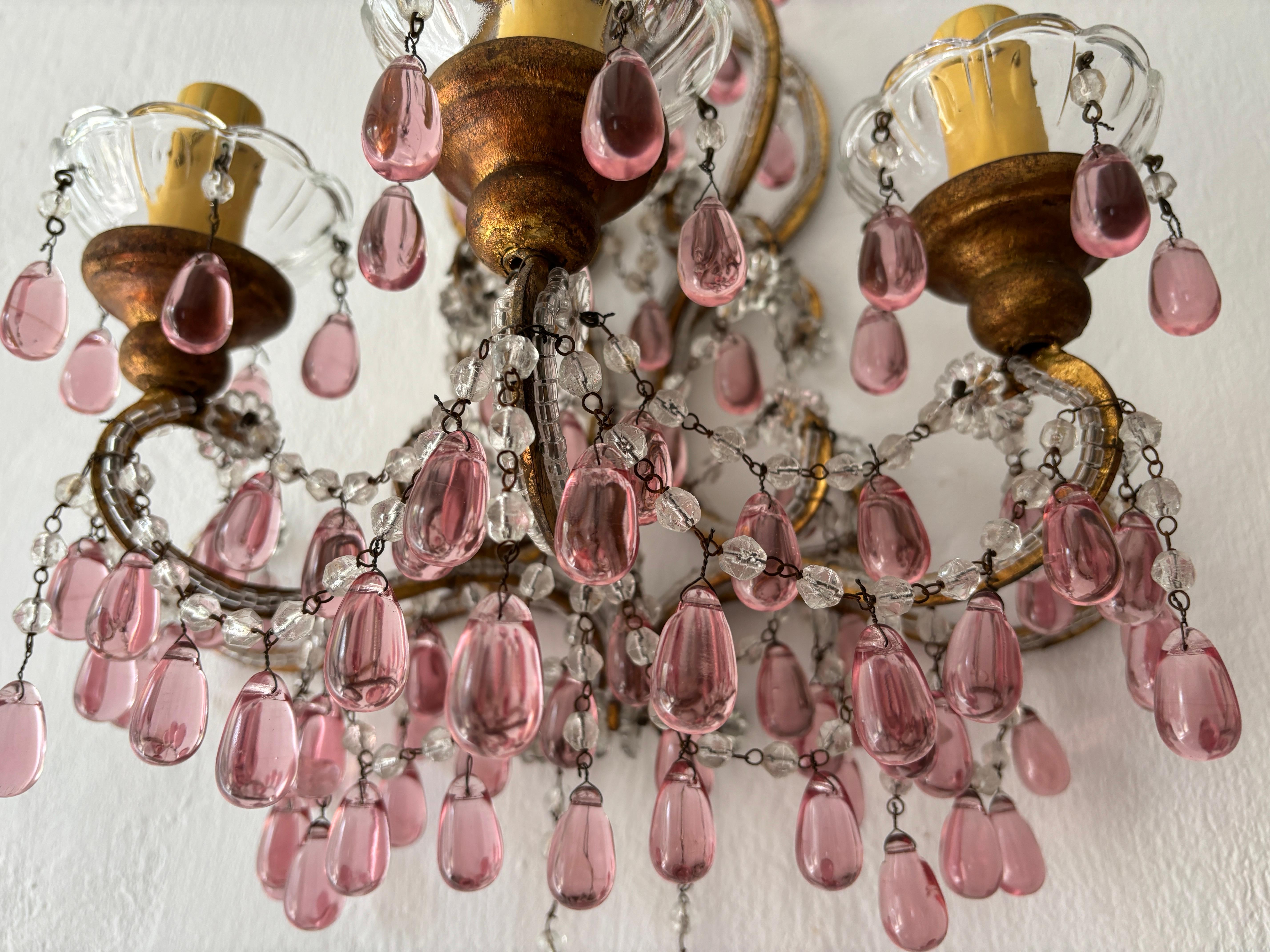 c 1900 French Beaded Extremely Rare Cranberry Pink Murano Drops Loaded Sconces For Sale 4