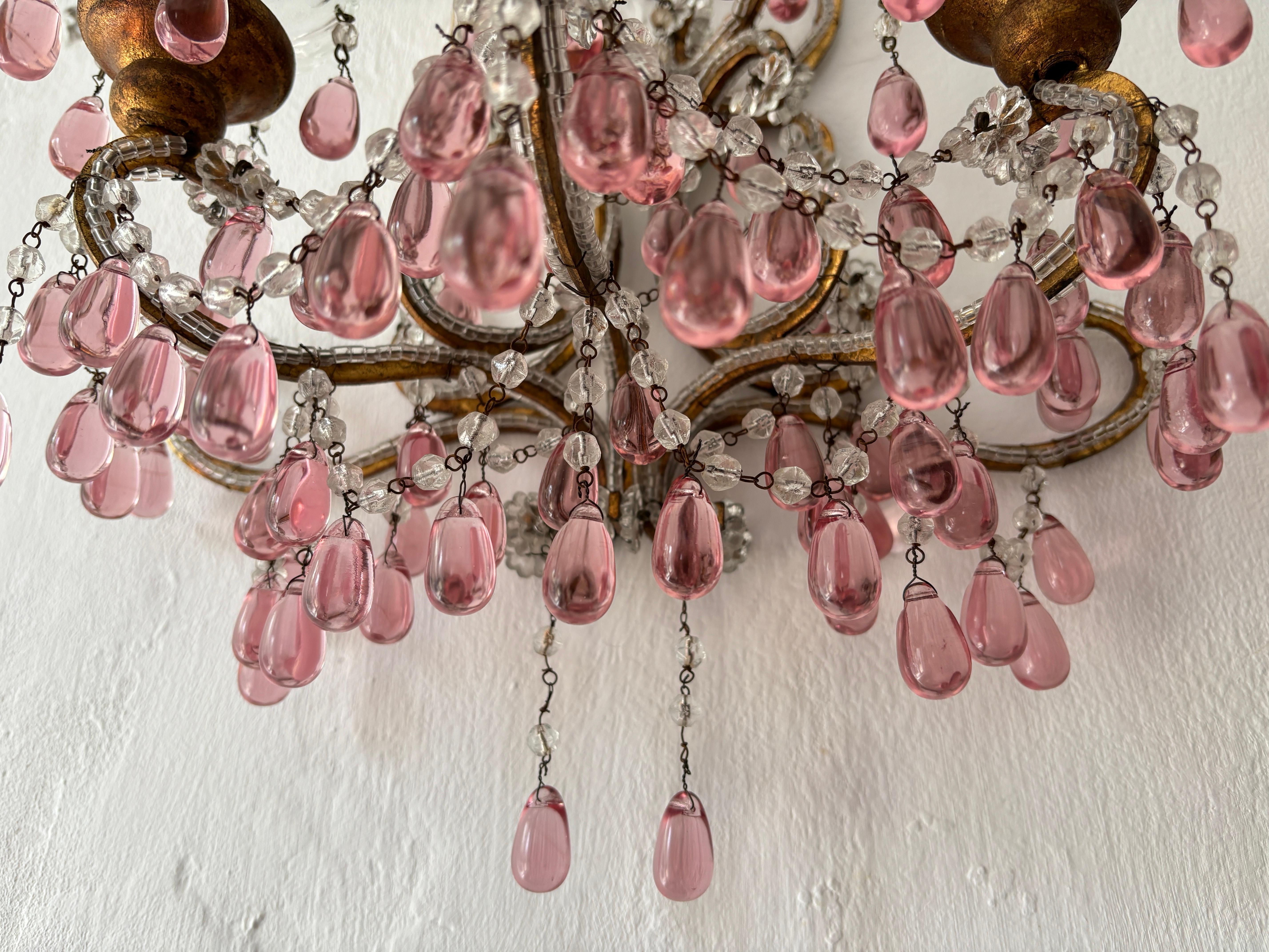 c 1900 French Beaded Extremely Rare Cranberry Pink Murano Drops Loaded Sconces For Sale 5