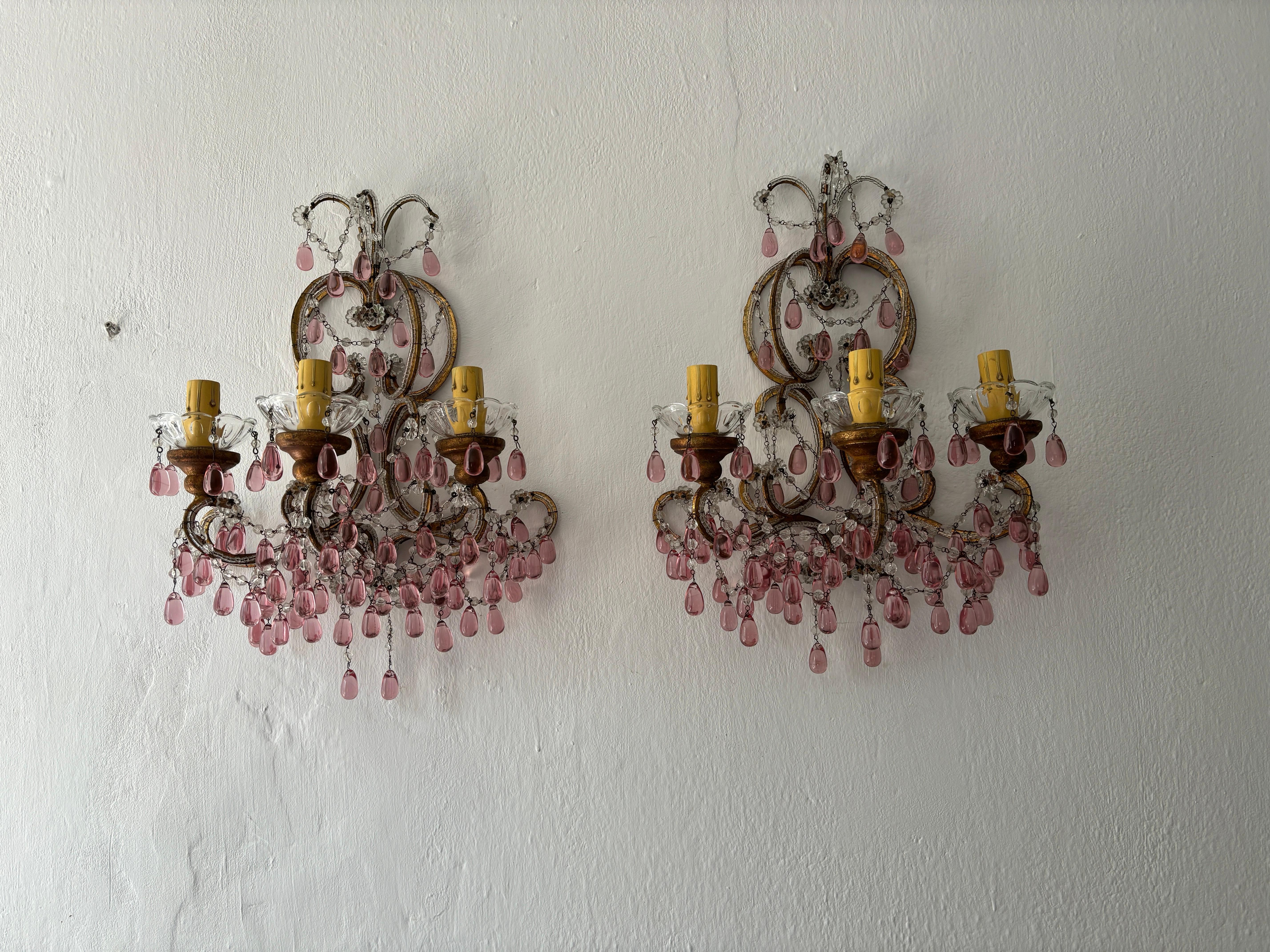 c 1900 French Beaded Extremely Rare Cranberry Pink Murano Drops Loaded Sconces For Sale 6
