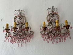 c 1900 French Beaded Extremely Rare Cranberry Pink Murano Drops Loaded Sconces
