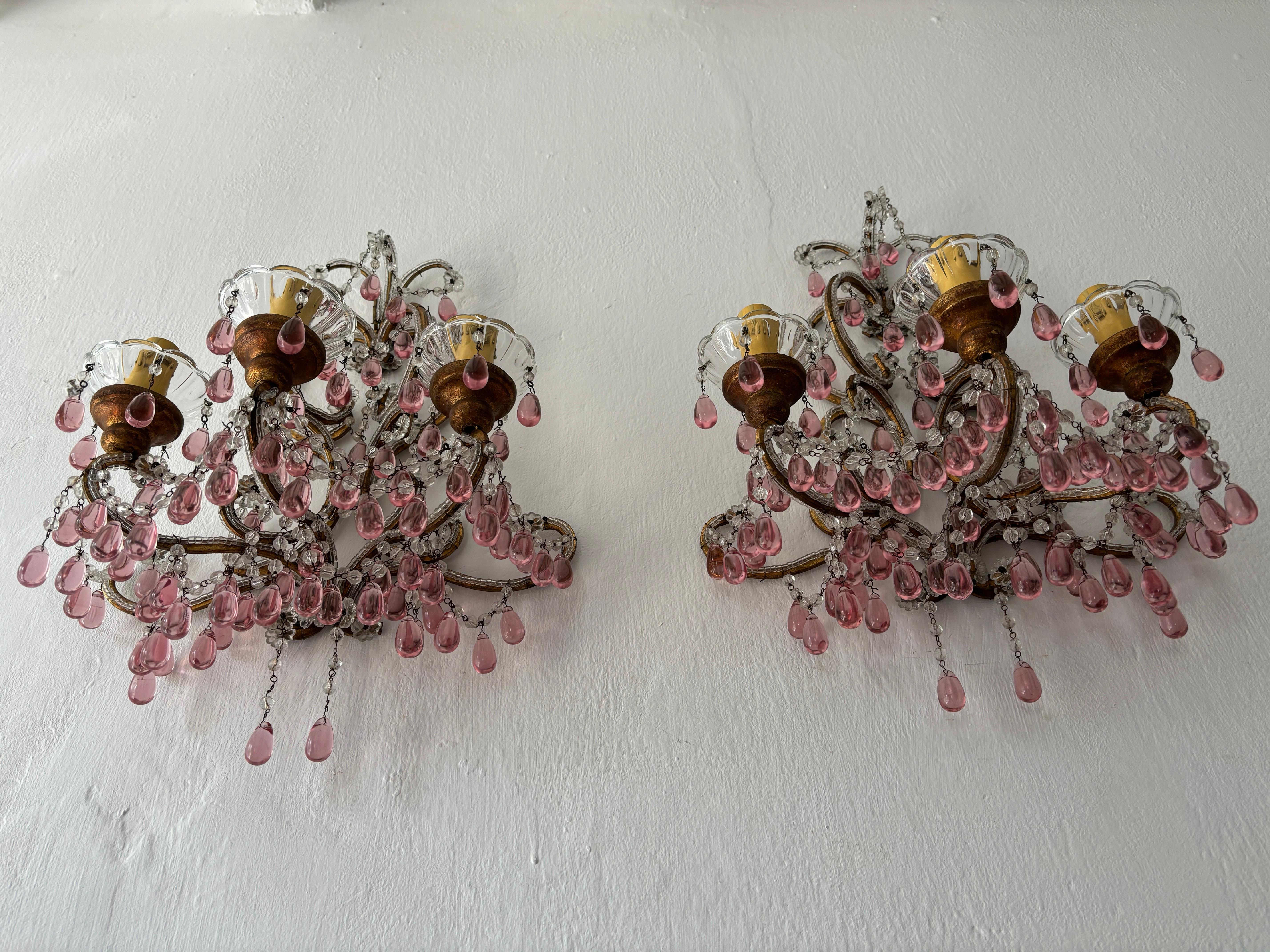 Baroque c 1900 French Beaded Extremely Rare Cranberry Pink Murano Drops Loaded Sconces For Sale