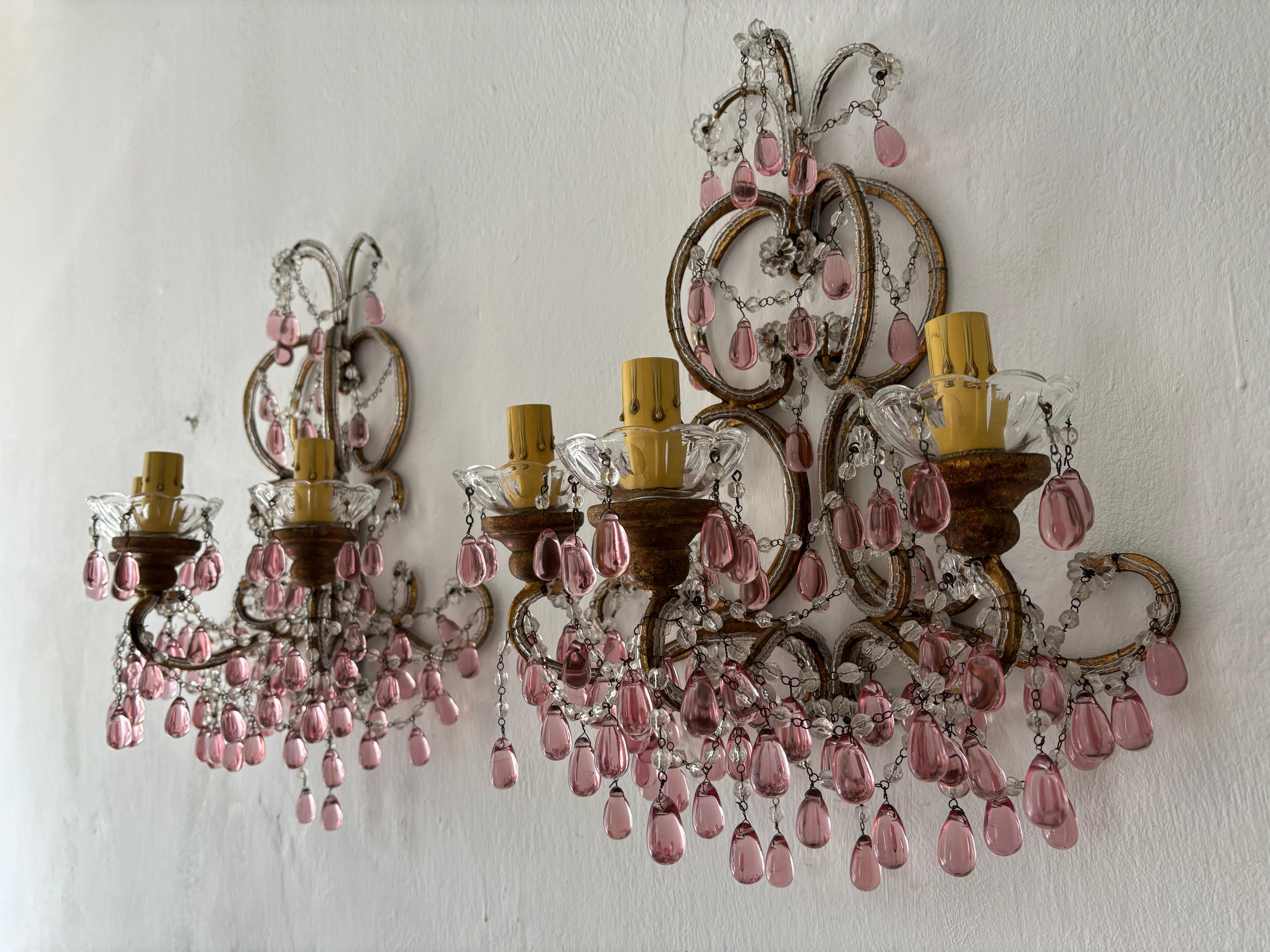 c 1900 French Beaded Extremely Rare Cranberry Pink Murano Drops Loaded Sconces In Good Condition For Sale In Modena (MO), Modena (Mo)