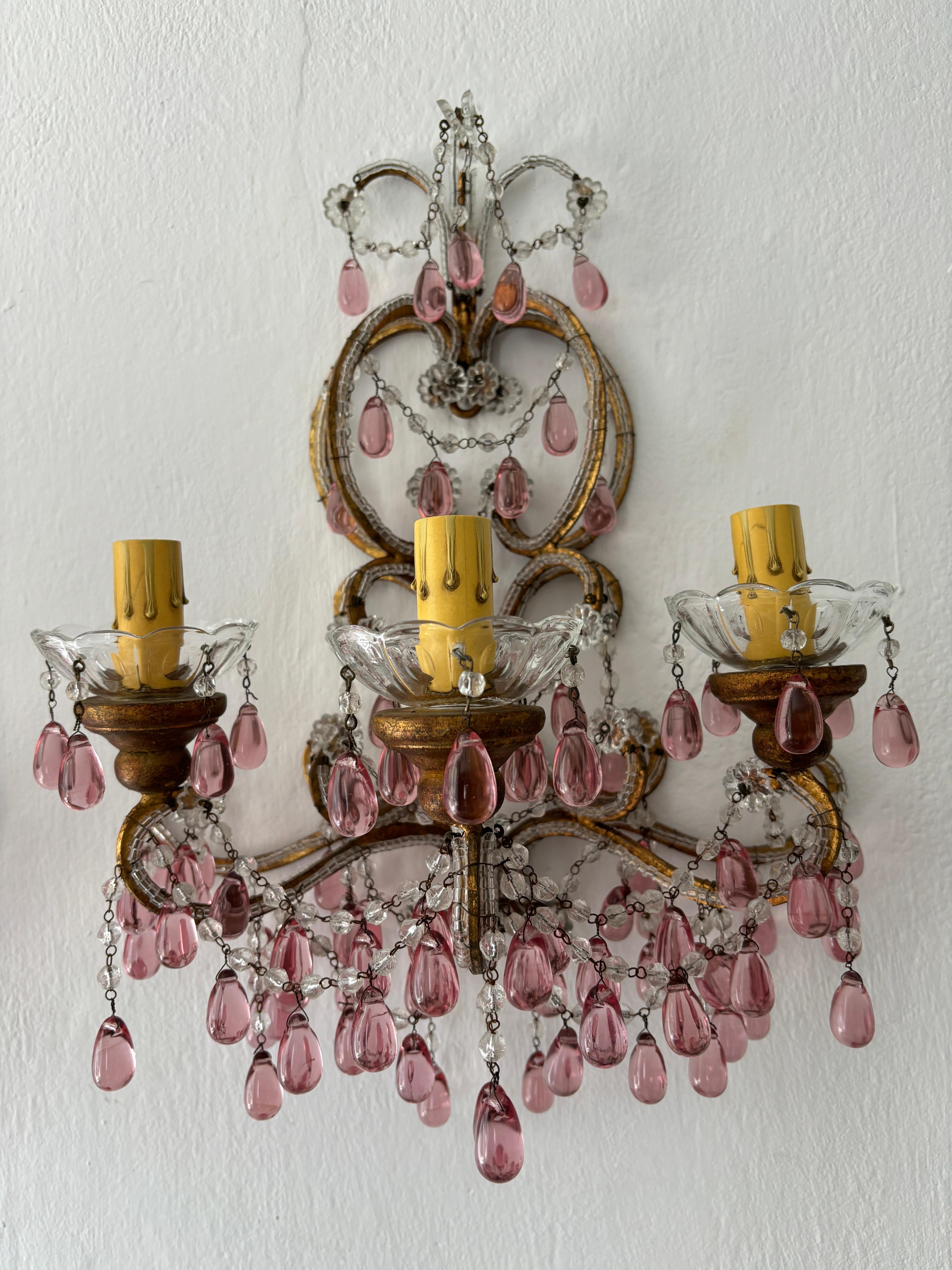 Early 20th Century c 1900 French Beaded Extremely Rare Cranberry Pink Murano Drops Loaded Sconces For Sale