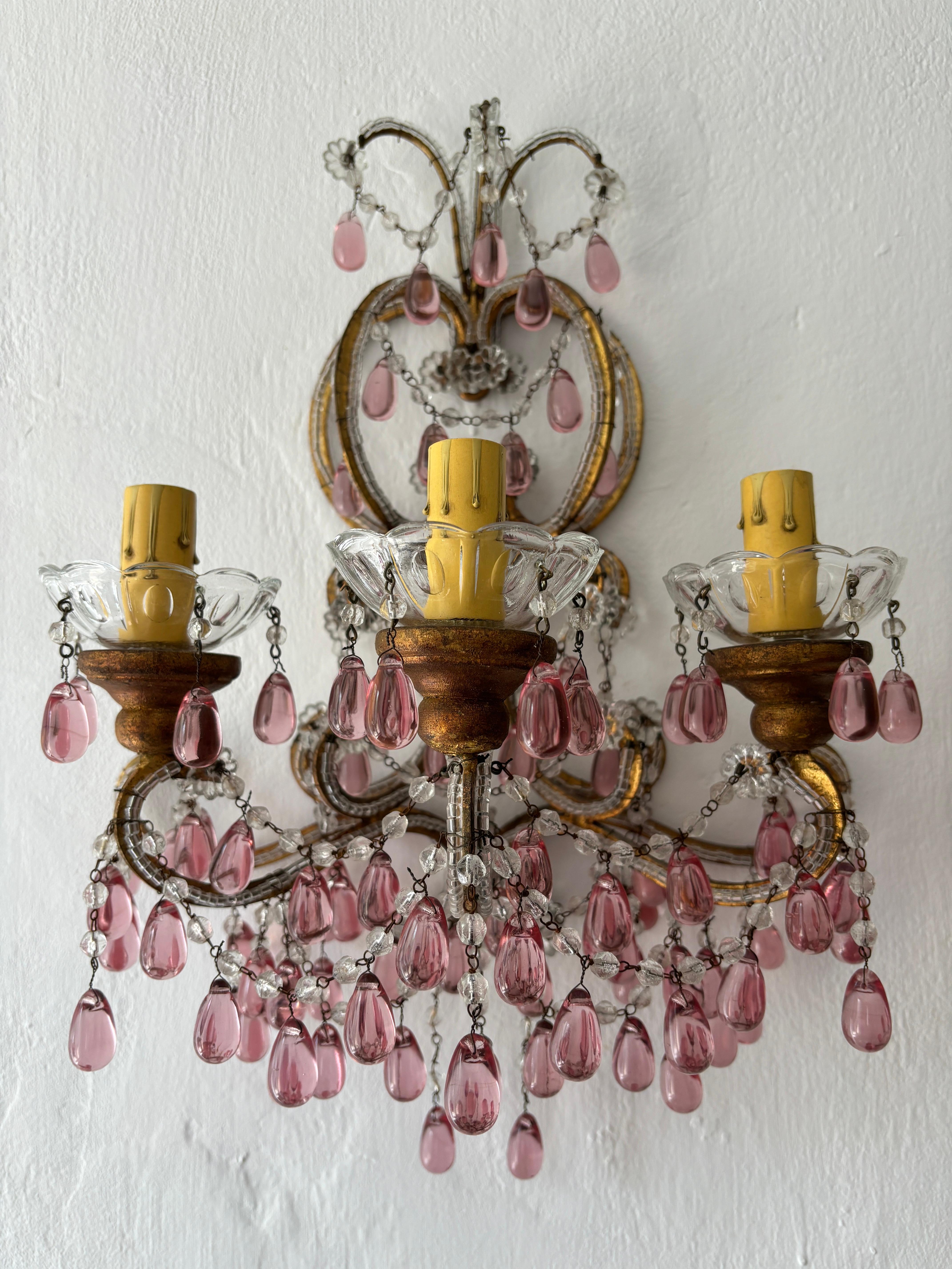 Crystal c 1900 French Beaded Extremely Rare Cranberry Pink Murano Drops Loaded Sconces For Sale