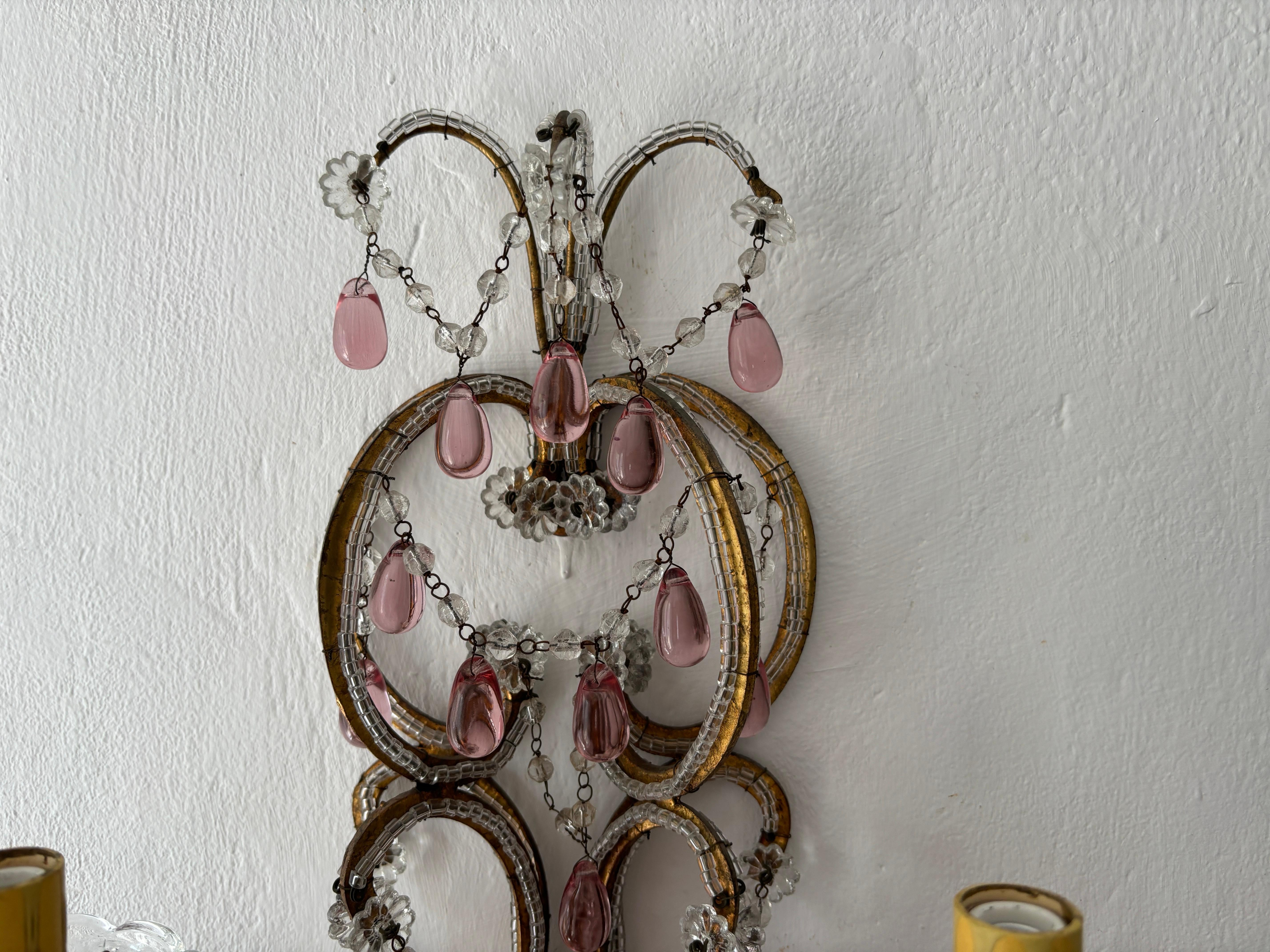 c 1900 French Beaded Extremely Rare Cranberry Pink Murano Drops Loaded Sconces For Sale 1