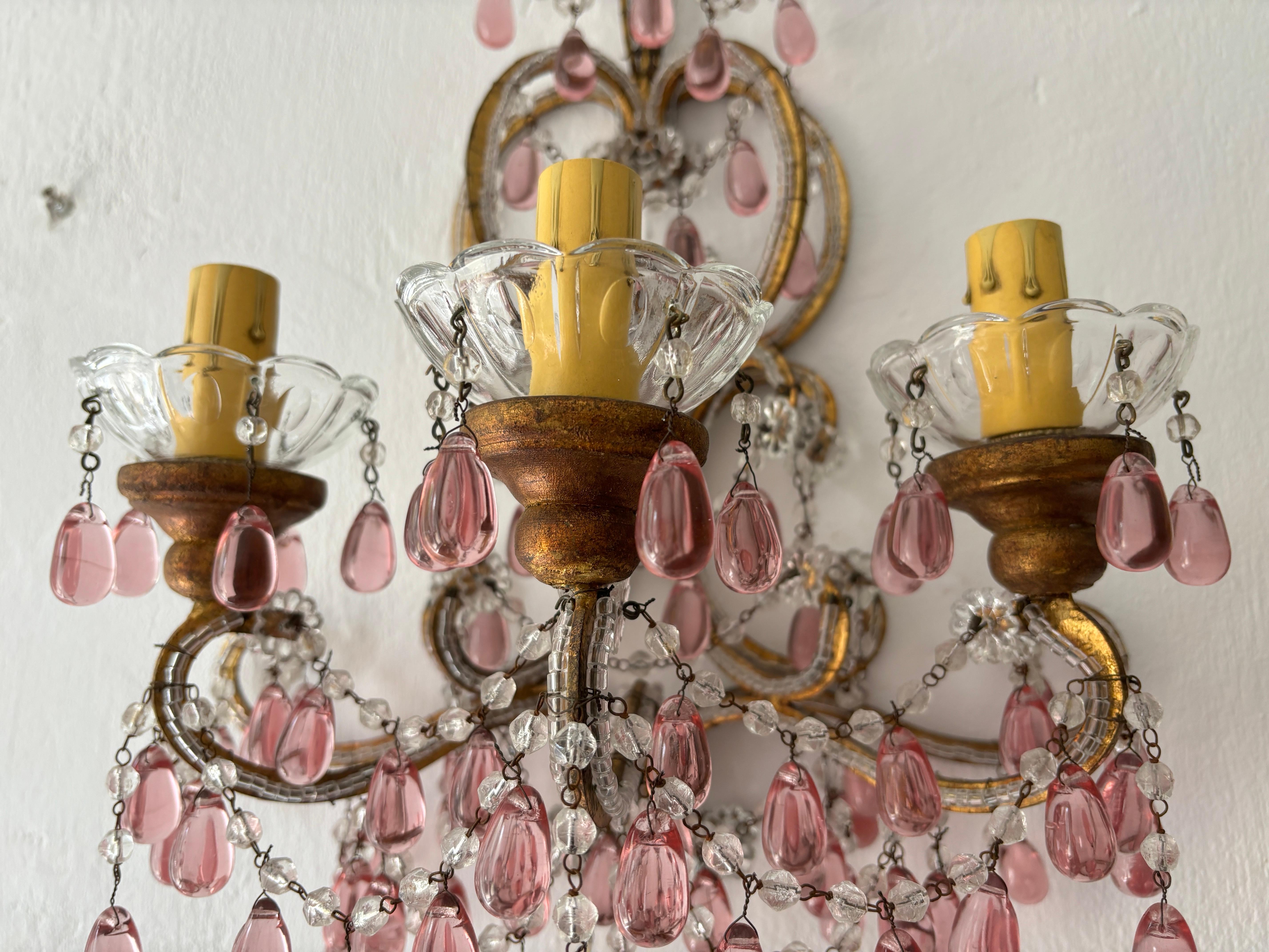 c 1900 French Beaded Extremely Rare Cranberry Pink Murano Drops Loaded Sconces For Sale 3