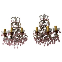 C.1900 francese con perline, estremamente raro, gocce rosa mirtillo di Murano, lampade a stelo caricate