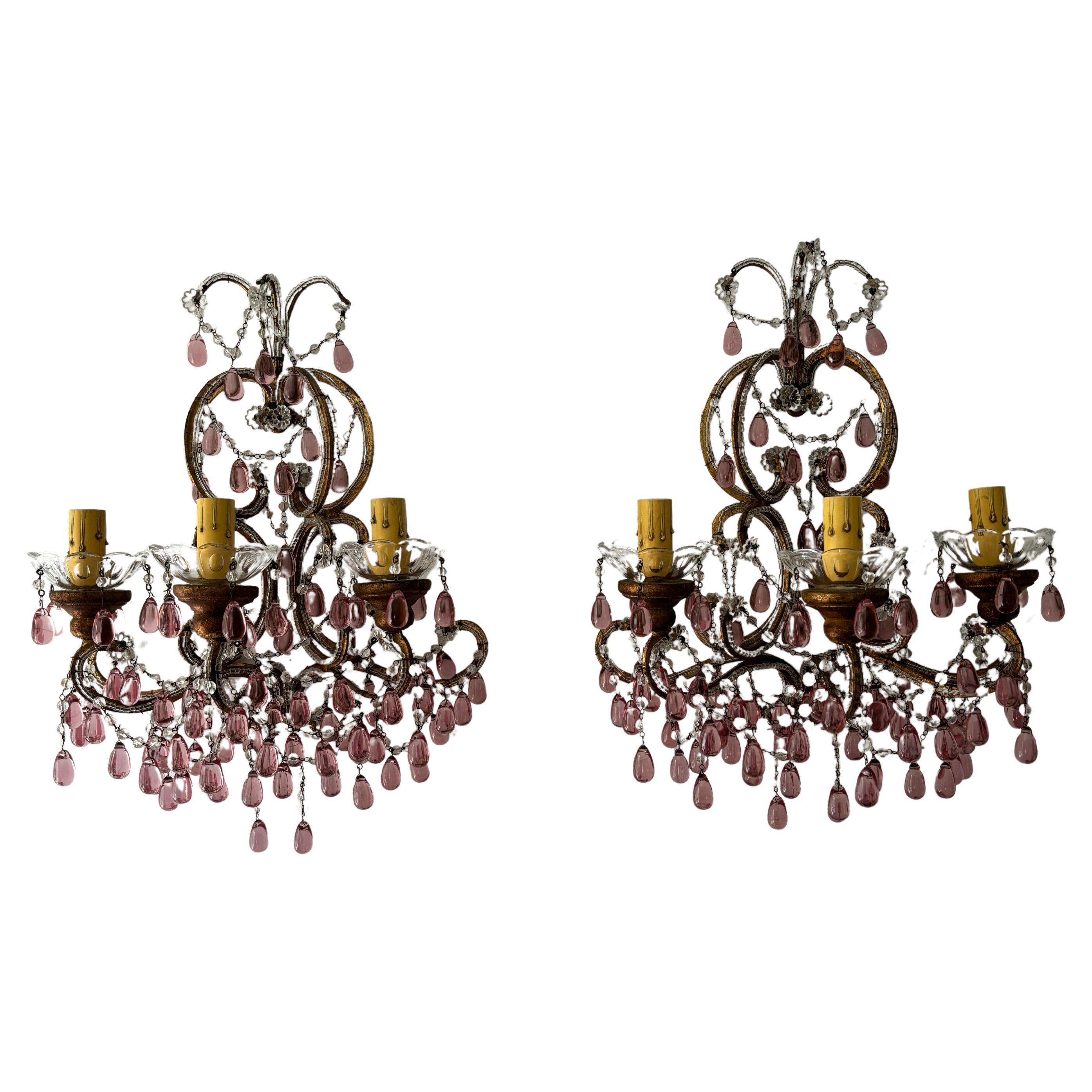 c 1900 French Beaded Extremely Rare Cranberry Pink Murano Drops Loaded Sconces For Sale