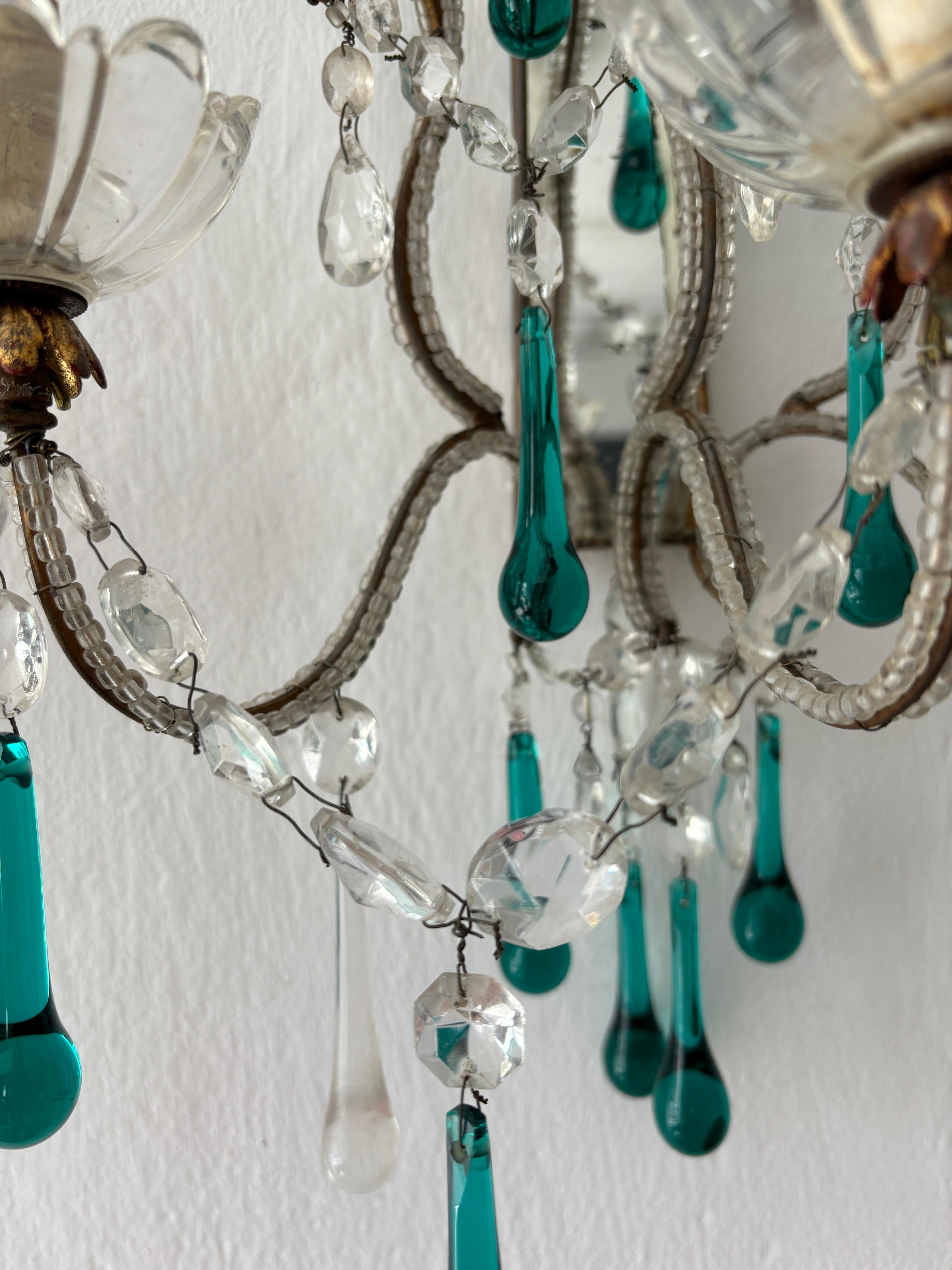 c 1900 French Beaded Extremely Rare Sea foam Green Murano Drops Mirrors Sconces For Sale 4