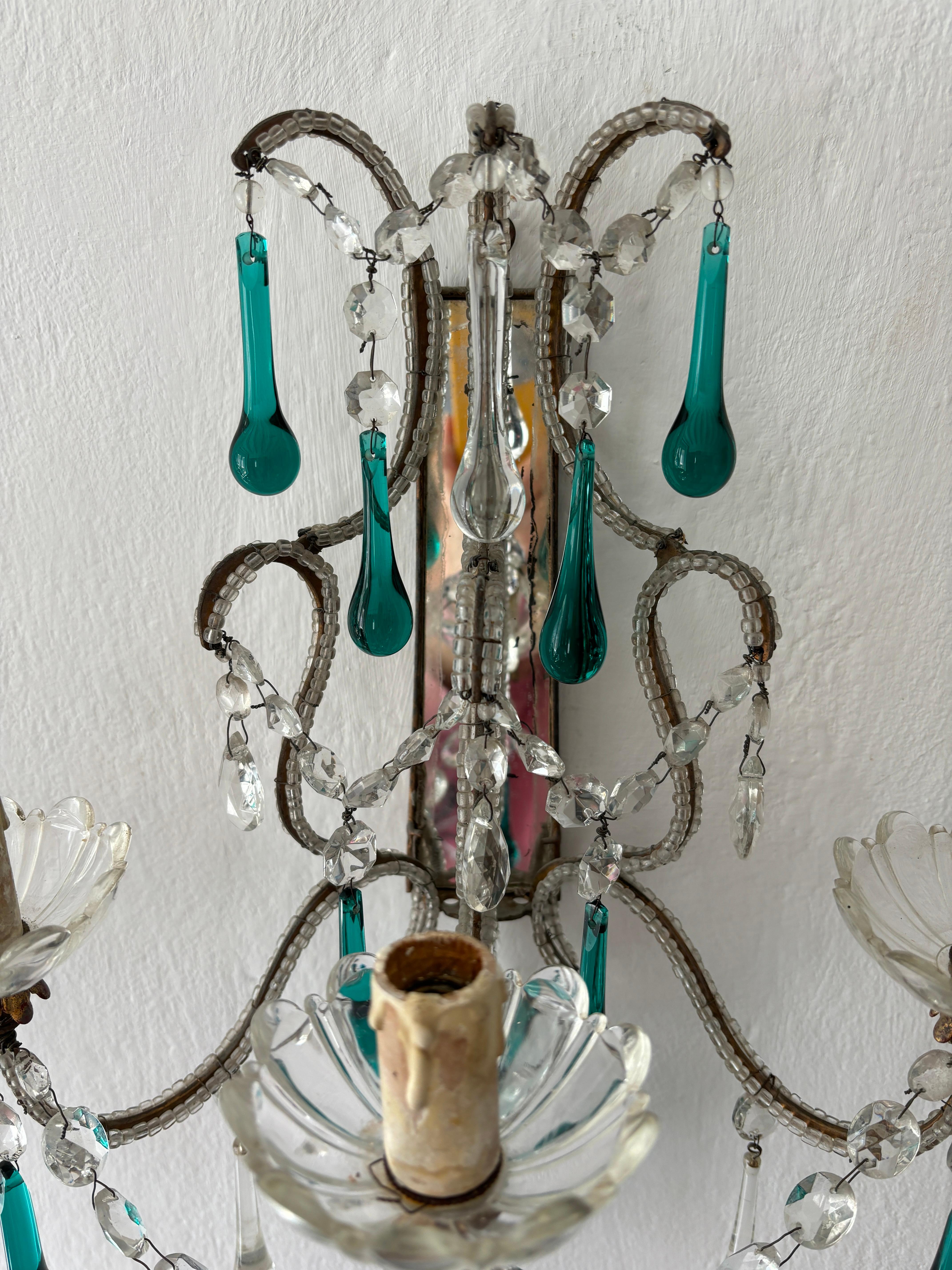c 1900 French Beaded Extremely Rare Sea foam Green Murano Drops Mirrors Sconces For Sale 5
