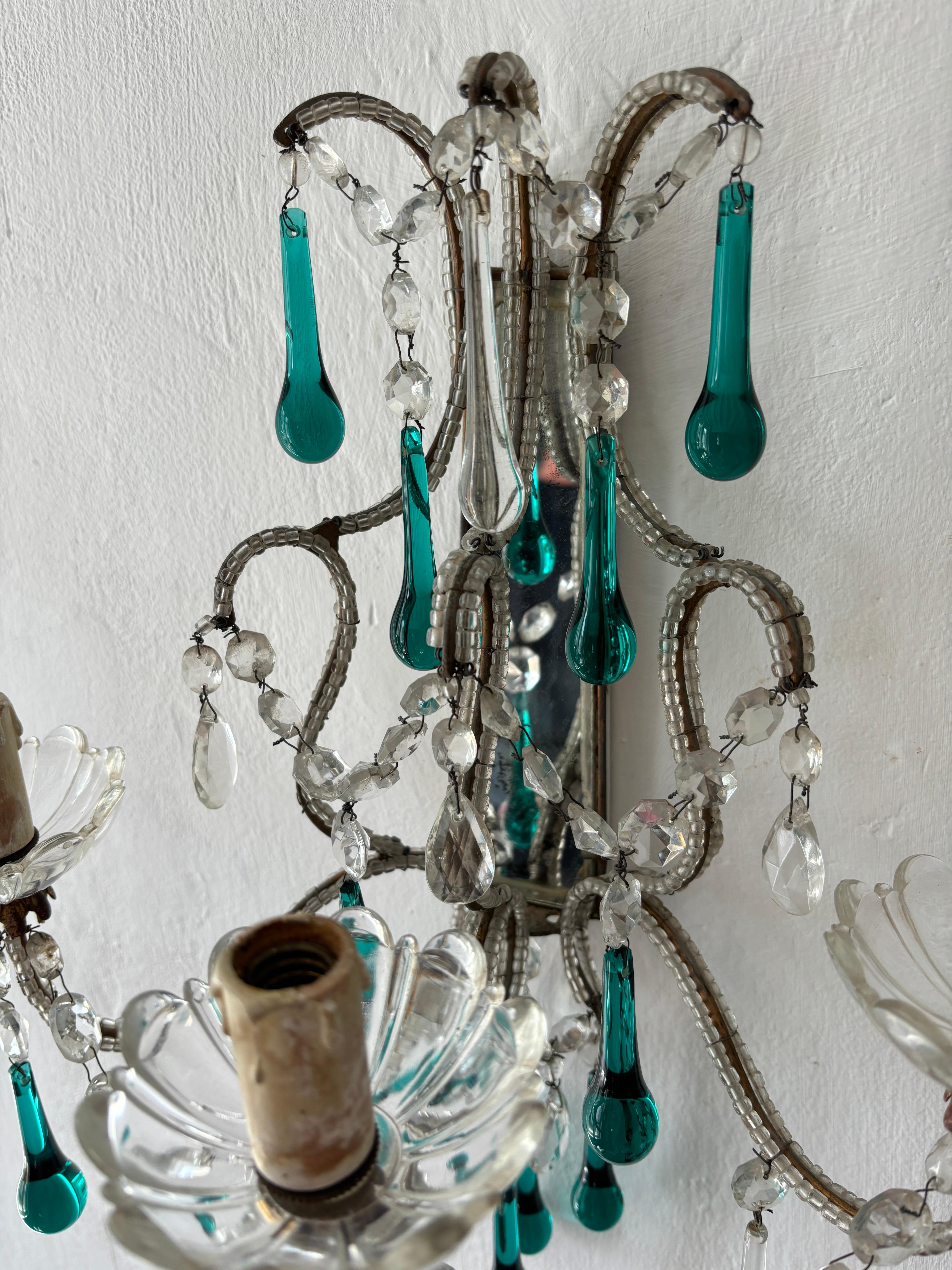c 1900 French Beaded Extremely Rare Sea foam Green Murano Drops Mirrors Sconces For Sale 6