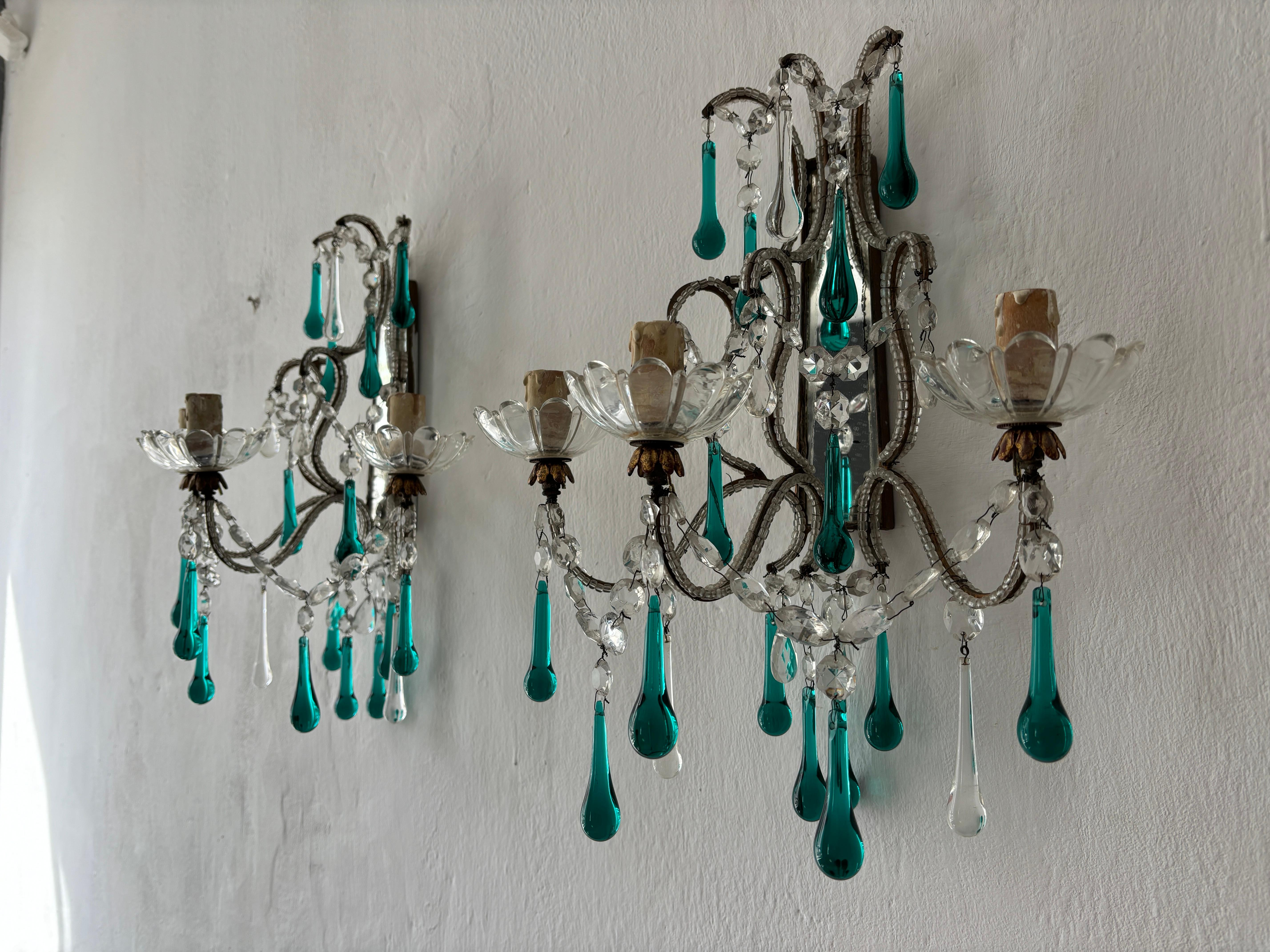 Baroque c 1900 French Beaded Extremely Rare Sea foam Green Murano Drops Mirrors Sconces For Sale