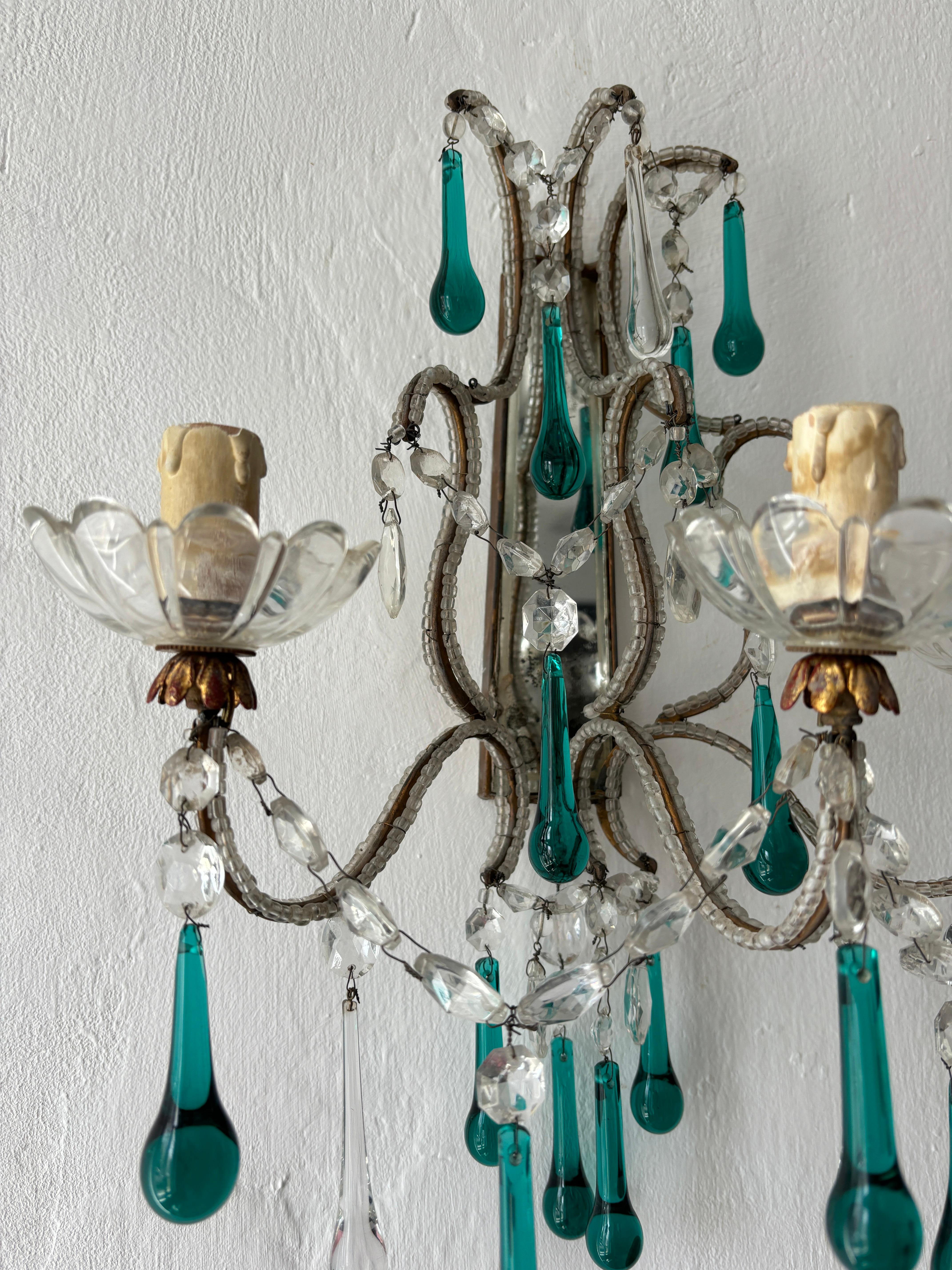 Early 20th Century c 1900 French Beaded Extremely Rare Sea foam Green Murano Drops Mirrors Sconces For Sale