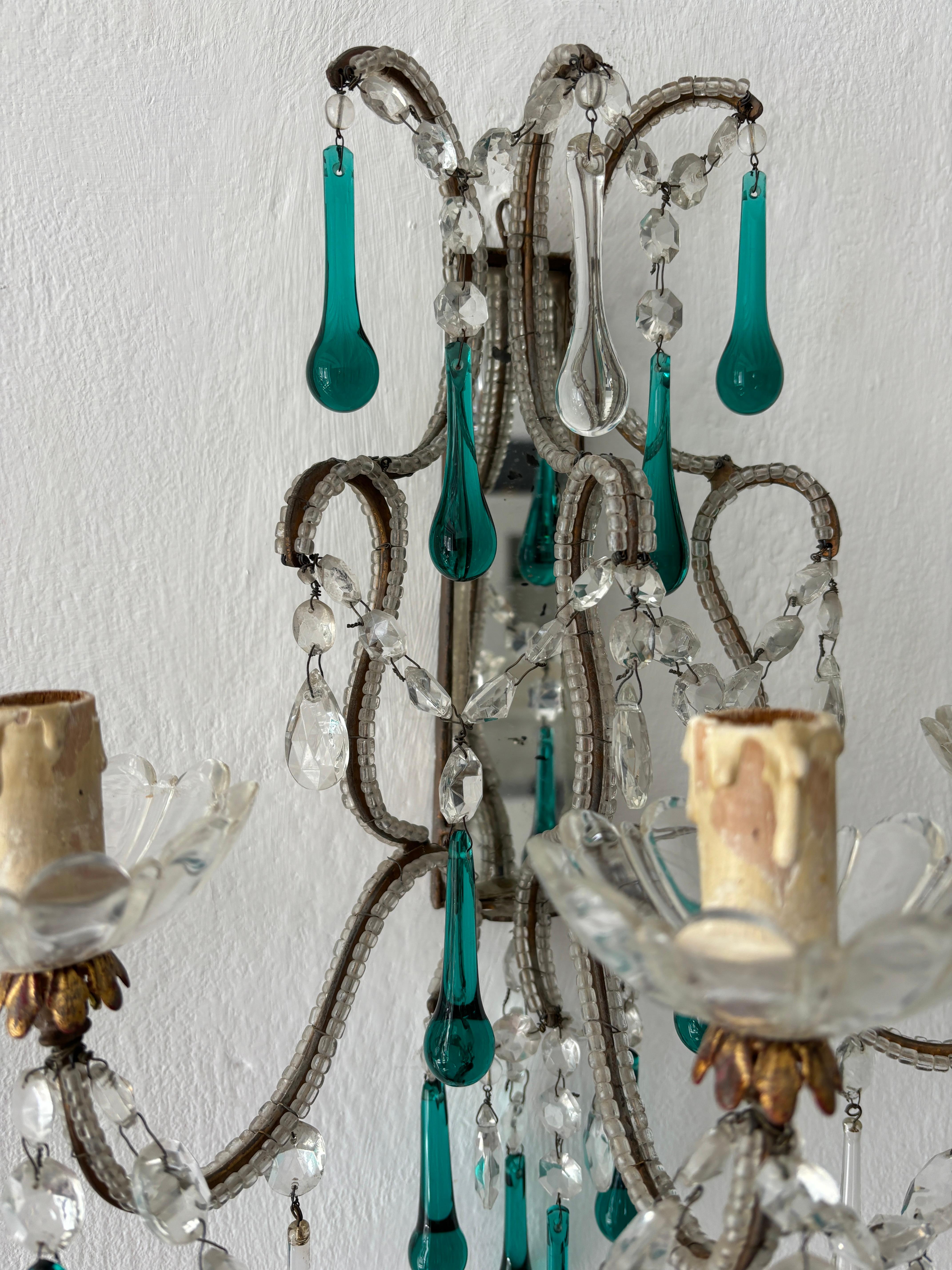Crystal c 1900 French Beaded Extremely Rare Sea foam Green Murano Drops Mirrors Sconces For Sale