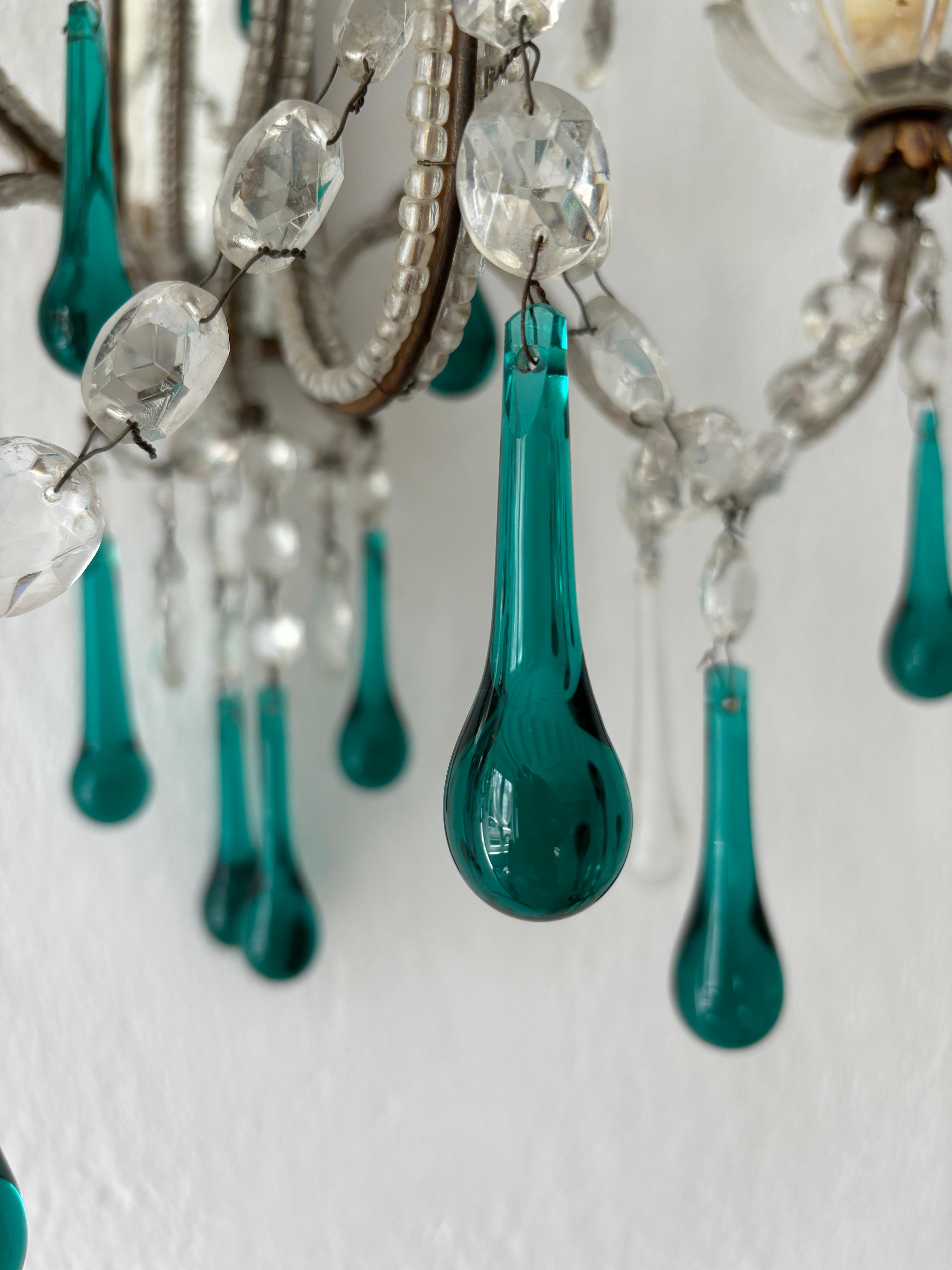 c 1900 French Beaded Extremely Rare Sea foam Green Murano Drops Mirrors Sconces For Sale 1