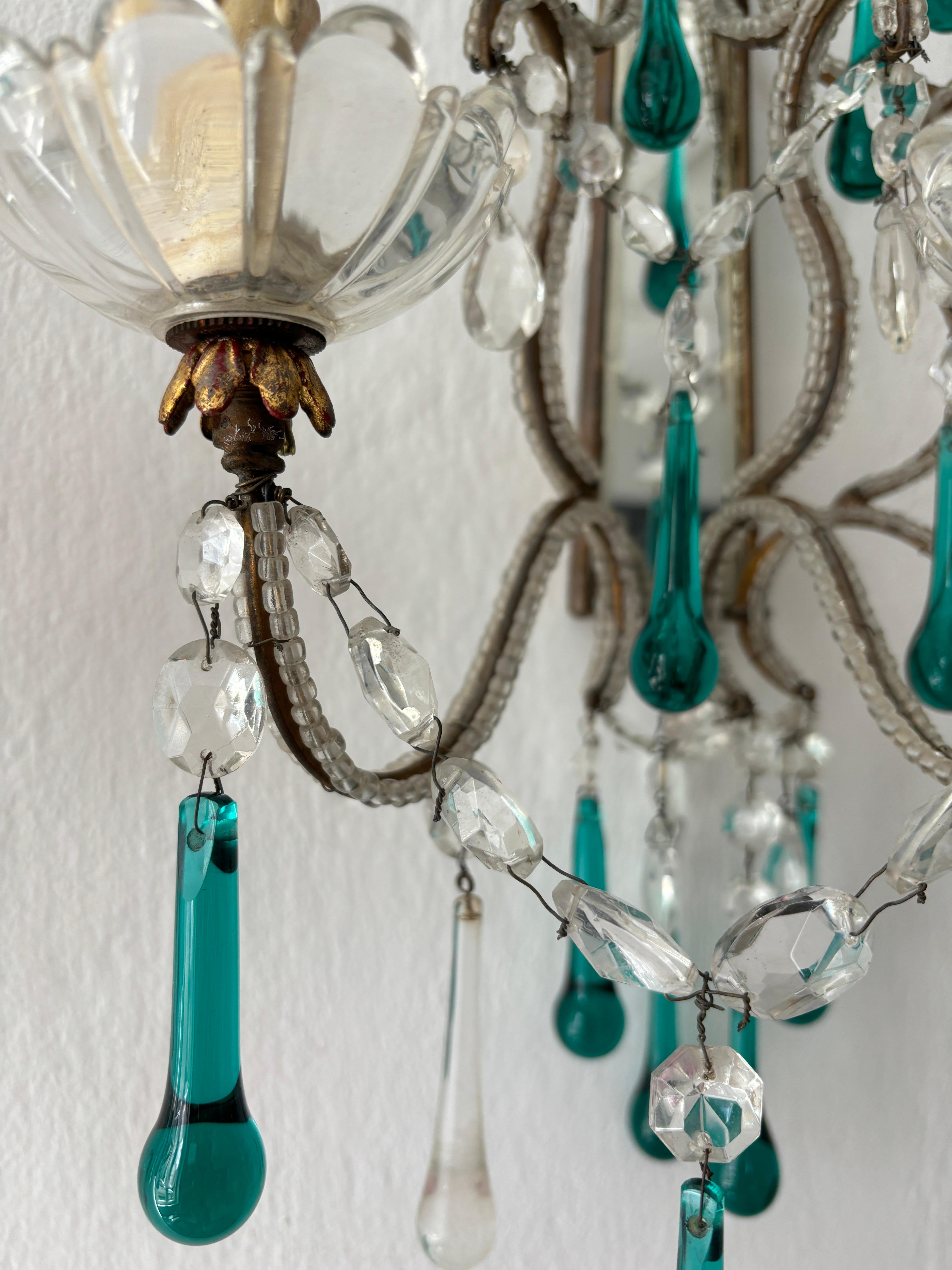 c 1900 French Beaded Extremely Rare Sea foam Green Murano Drops Mirrors Sconces For Sale 2