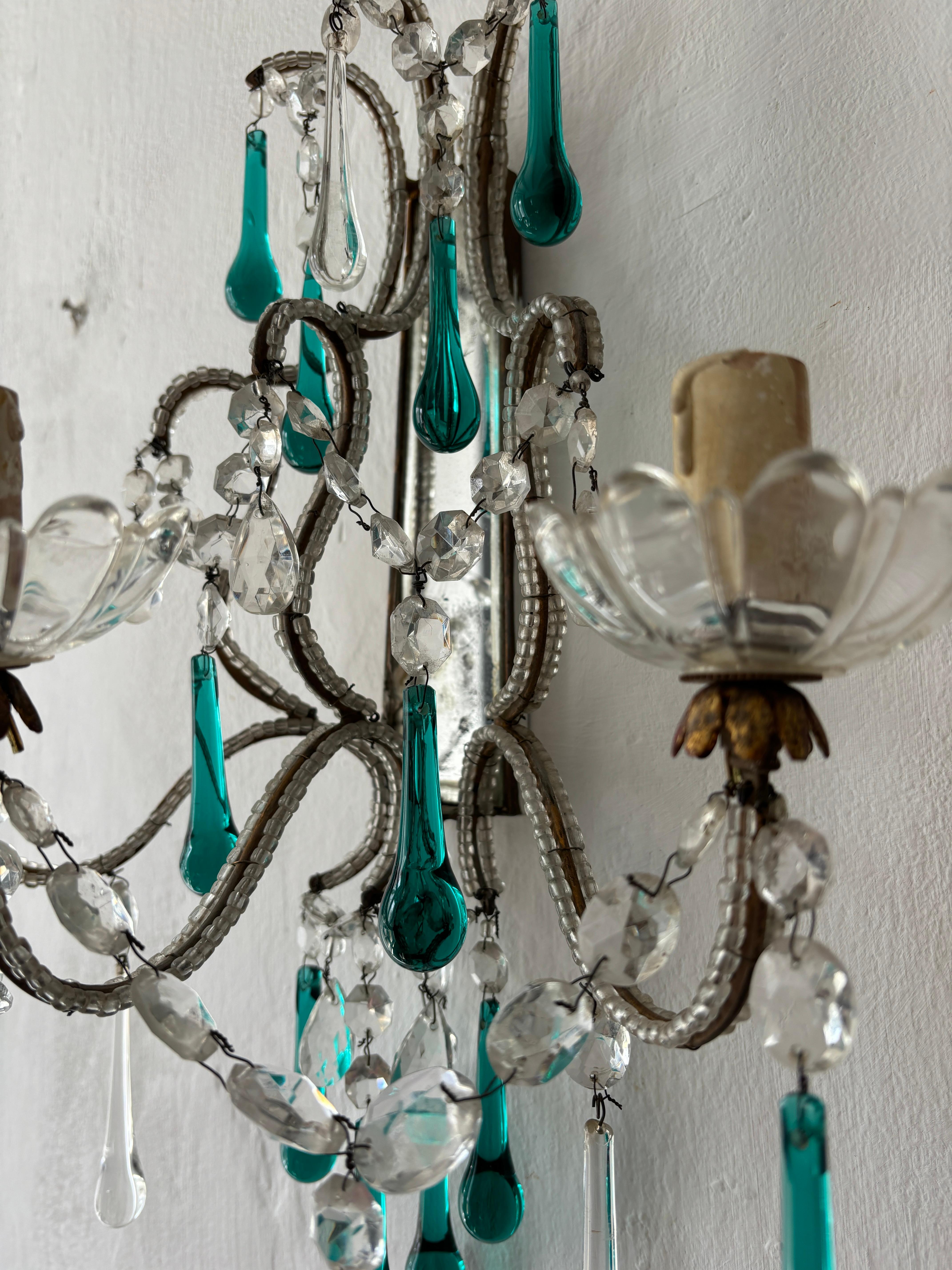 c 1900 French Beaded Extremely Rare Sea foam Green Murano Drops Mirrors Sconces For Sale 3